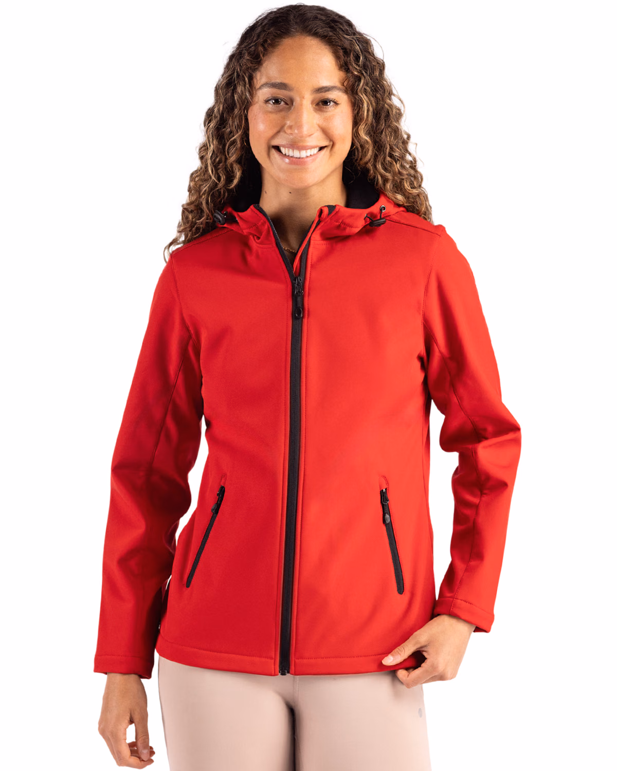 Custom Clique Tempo Recycled Stretch Softshell Womens Full Zip Hooded Jacket — Red/Black front
