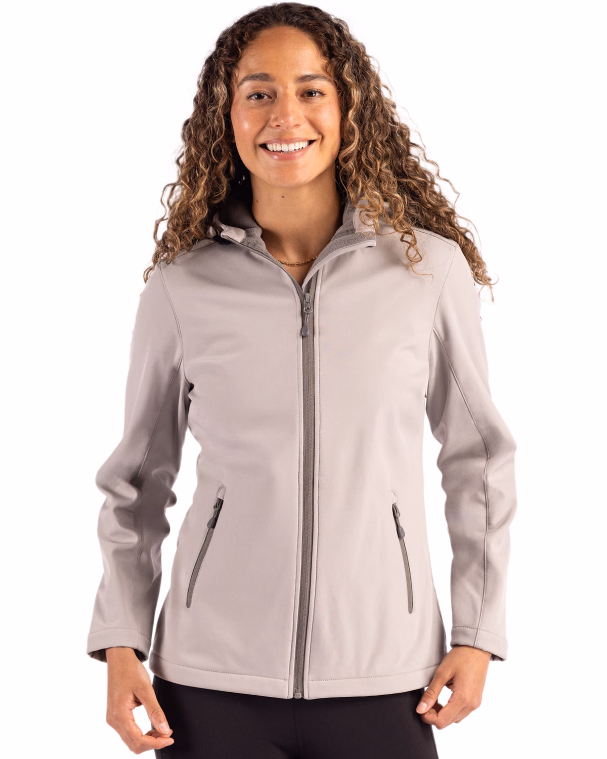Custom Clique Tempo Recycled Stretch Softshell Womens Full Zip Hooded Jacket — Silver Grey/Pure Slate front