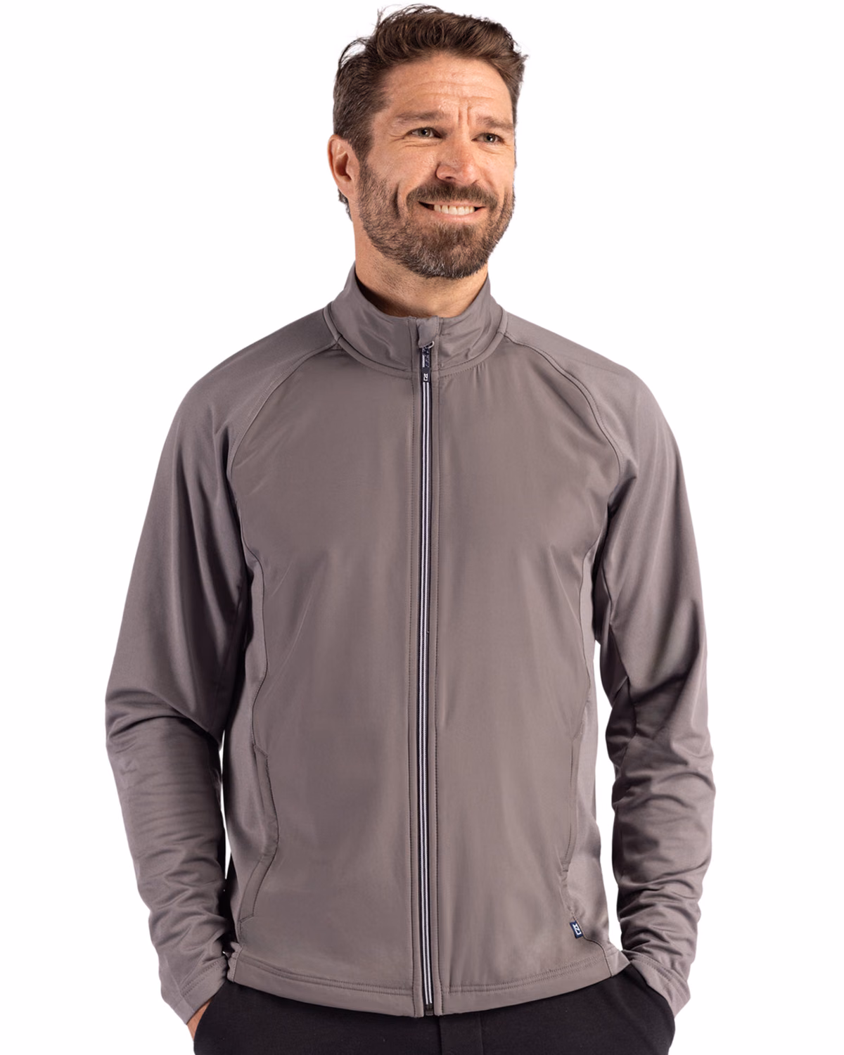 Custom Cutter & Buck Adapt Recycled Soft Knit Stretch Mens Hybrid Full Zip Jacket — Elemental Grey front