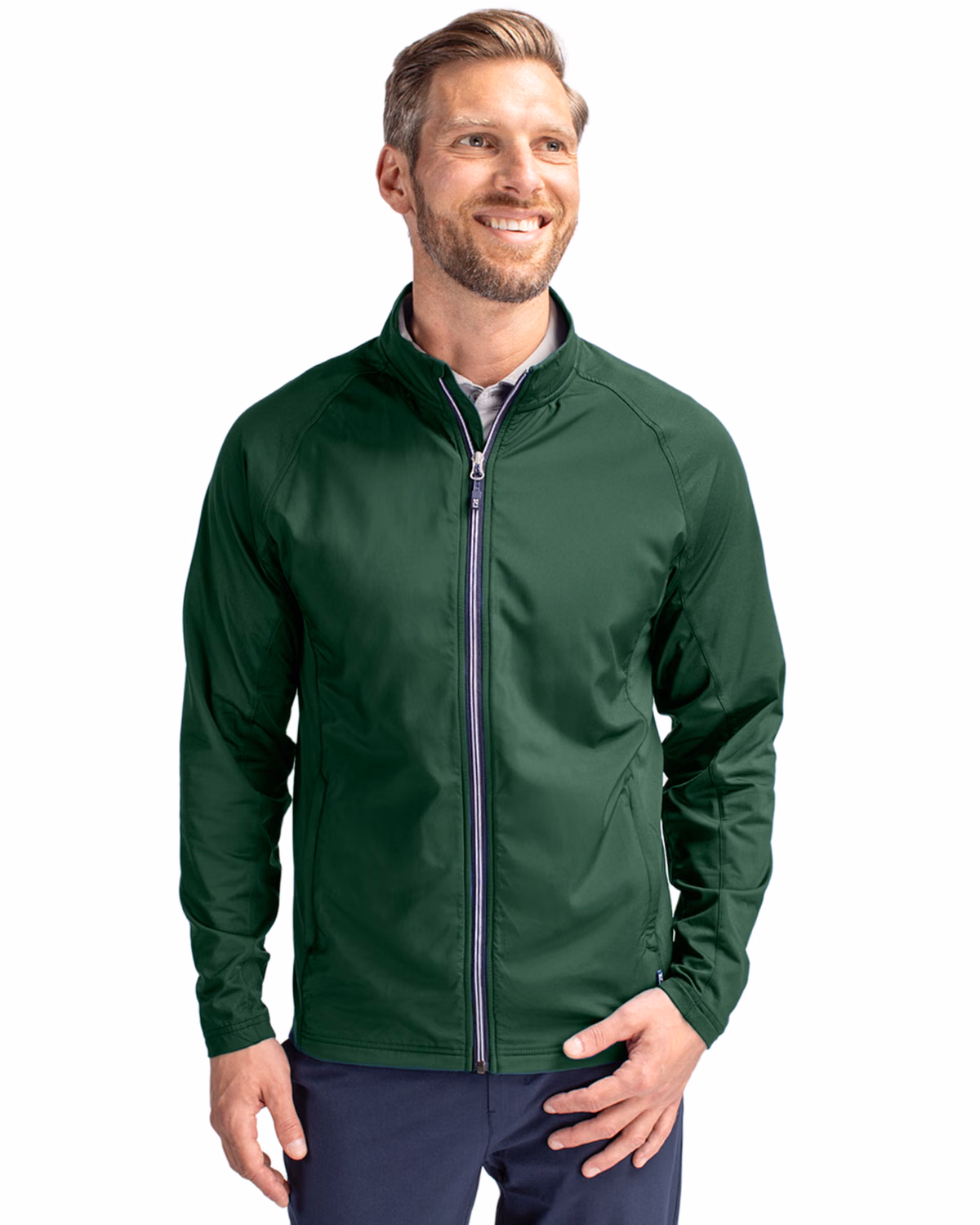 Custom Cutter & Buck Adapt Recycled Soft Knit Stretch Mens Hybrid Full Zip Jacket — Hunter front