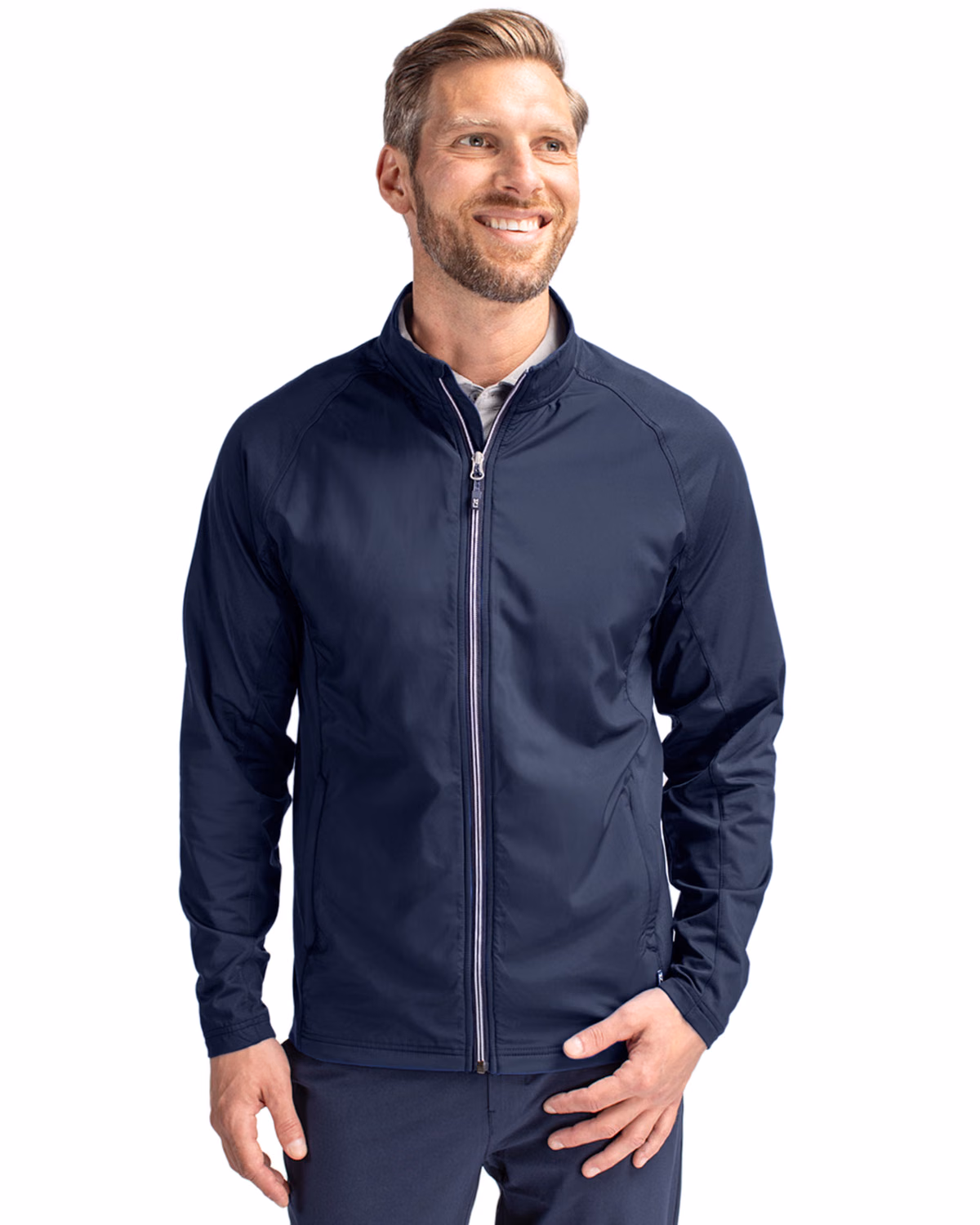 Custom Cutter & Buck Adapt Recycled Soft Knit Stretch Mens Hybrid Full Zip Jacket — Navy Blue front