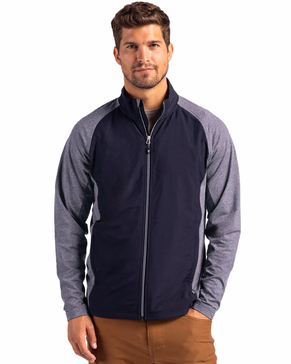 Custom Cutter & Buck Adapt Recycled Soft Knit Stretch Mens Hybrid Full Zip Jacket — Navy Blue Heather/Navy Blue front
