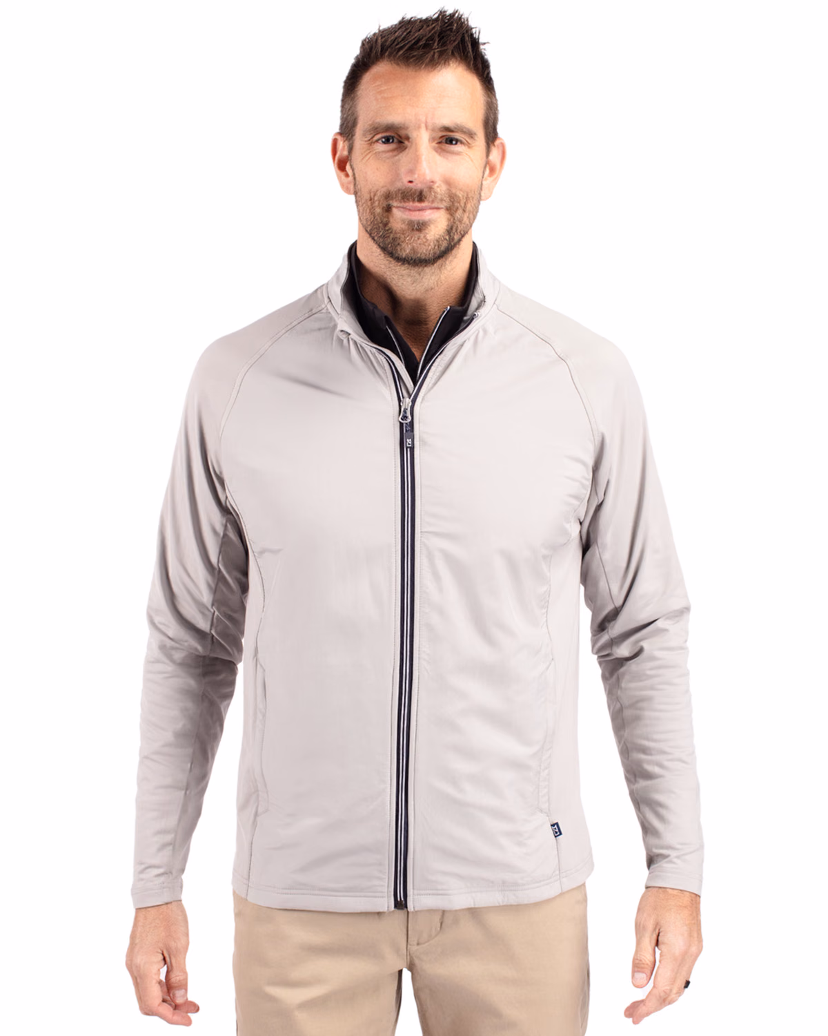 Custom Cutter & Buck Adapt Recycled Soft Knit Stretch Mens Hybrid Full Zip Jacket — Polished front