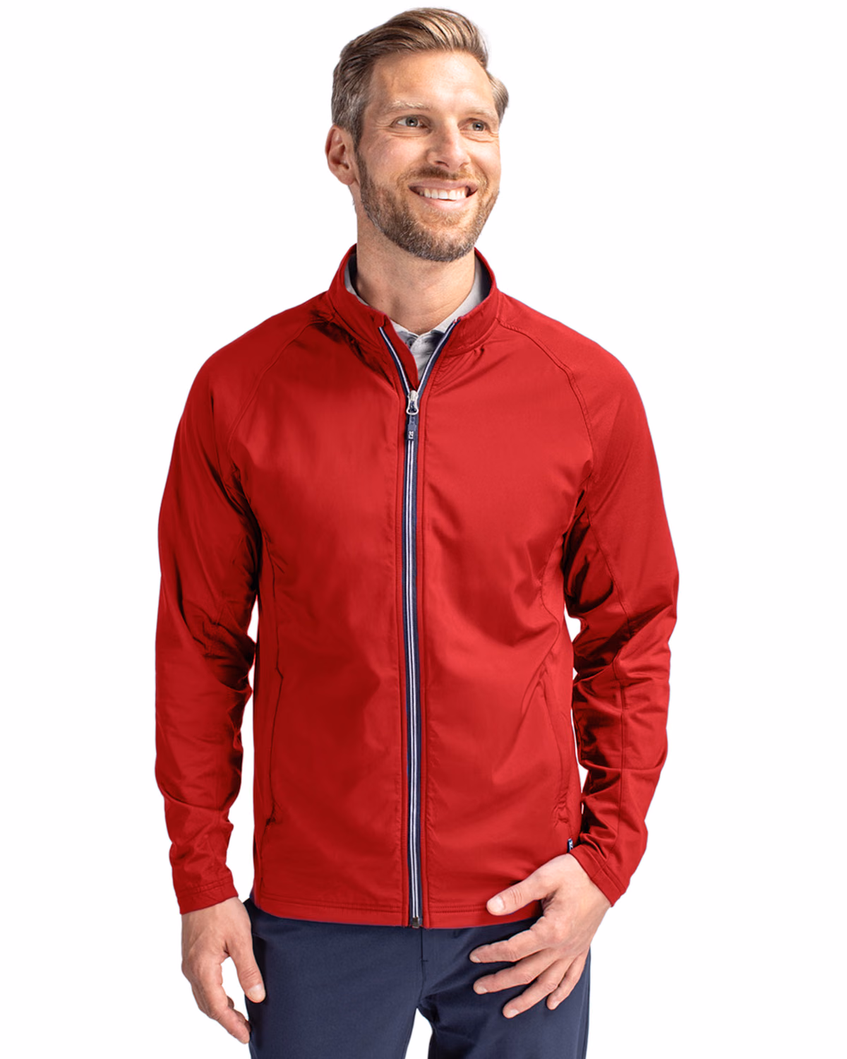 Custom Cutter & Buck Adapt Recycled Soft Knit Stretch Mens Hybrid Full Zip Jacket — Red front