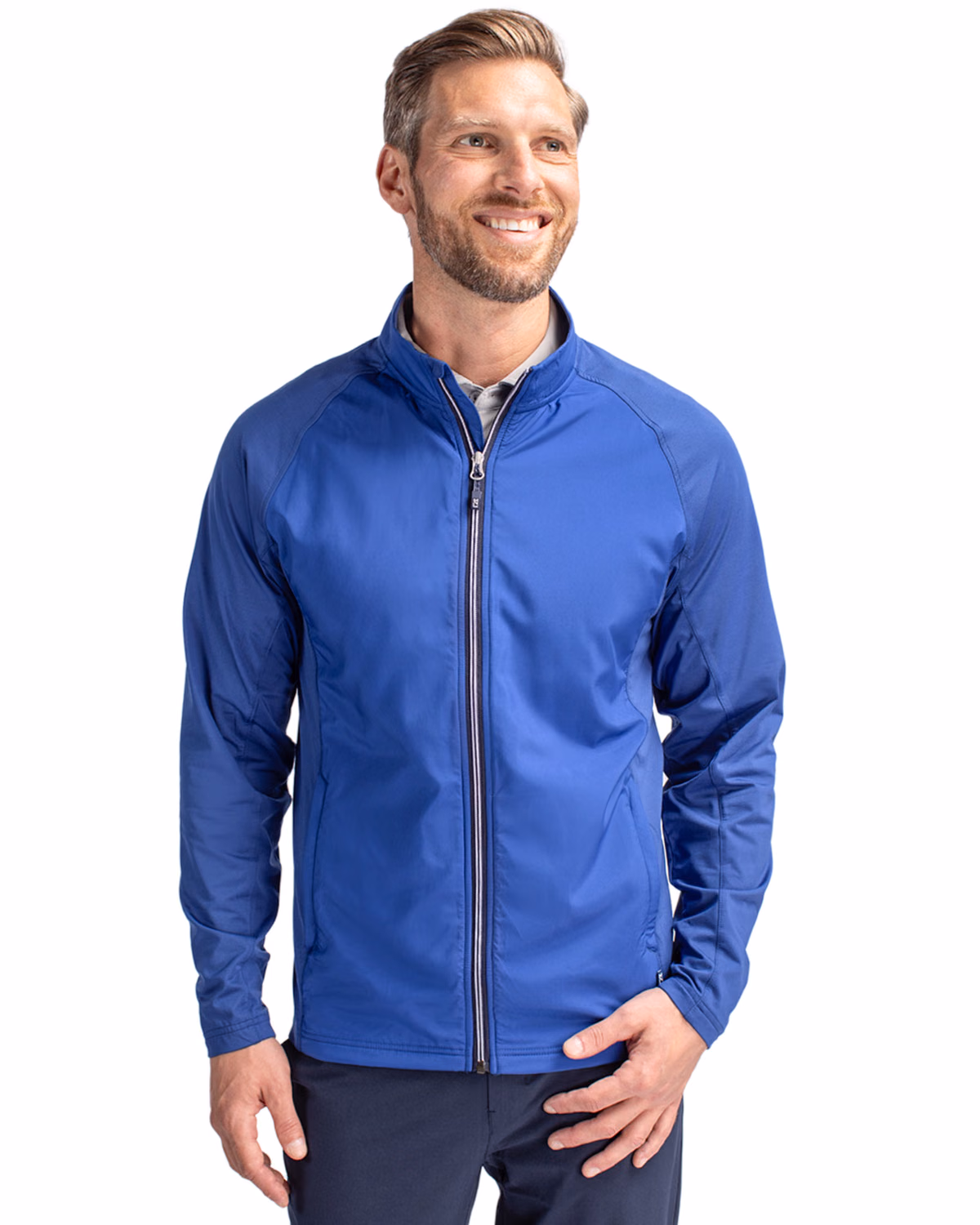 Custom Cutter & Buck Adapt Recycled Soft Knit Stretch Mens Hybrid Full Zip Jacket — Tour Blue front