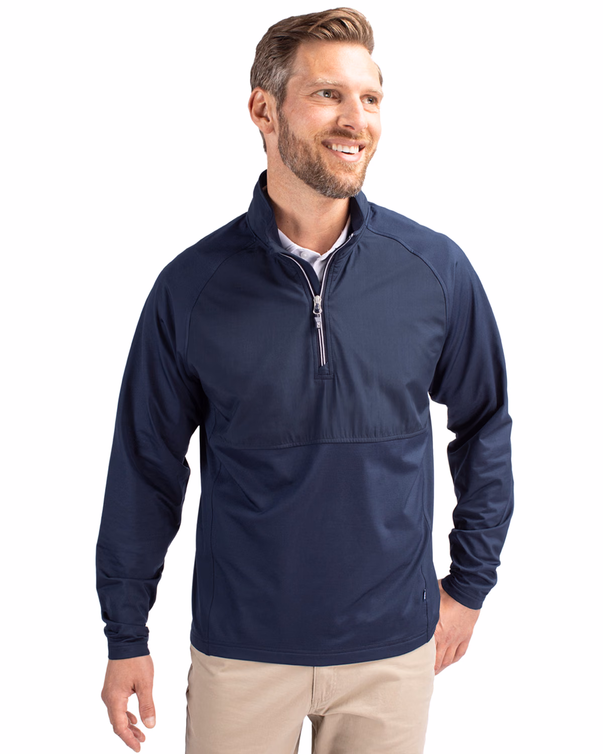 Custom Cutter & Buck Adapt Recycled Soft Knit Stretch Mens Hybrid Quarter Zip Pullover — Navy Blue front