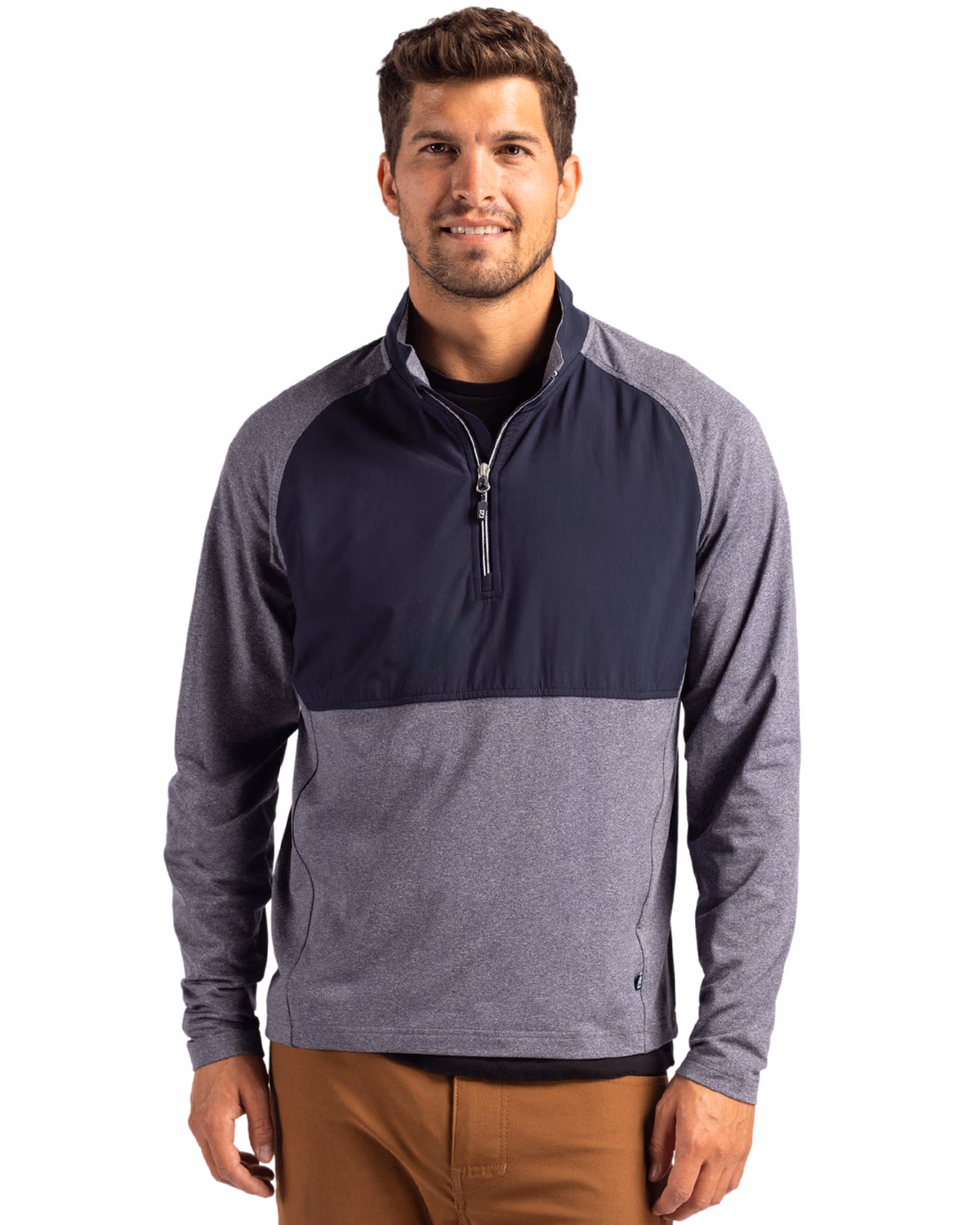 Custom Cutter & Buck Adapt Recycled Soft Knit Stretch Mens Hybrid Quarter Zip Pullover — Navy Blue Heather/Navy Blue front