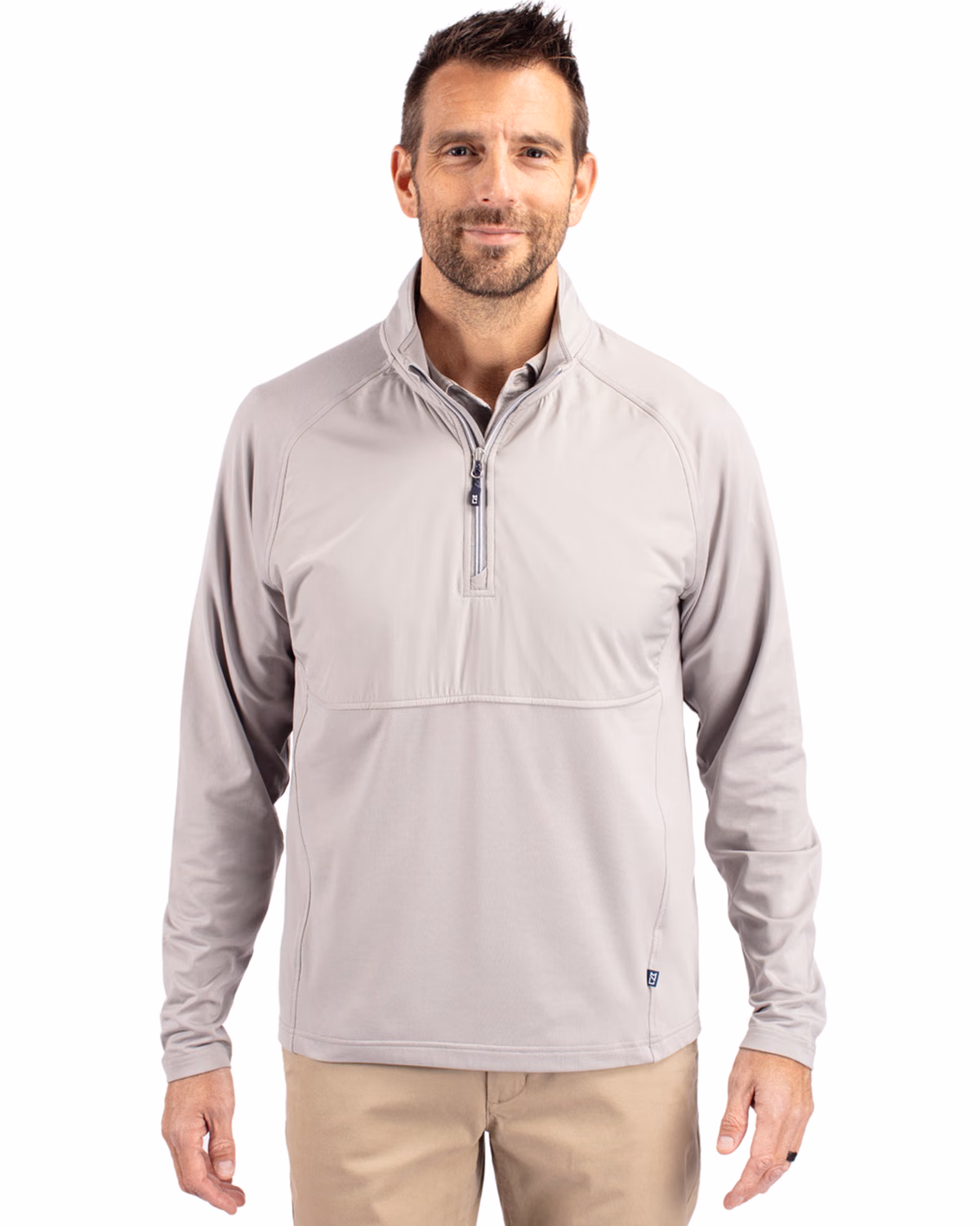 Custom Cutter & Buck Adapt Recycled Soft Knit Stretch Mens Hybrid Quarter Zip Pullover — Polished front