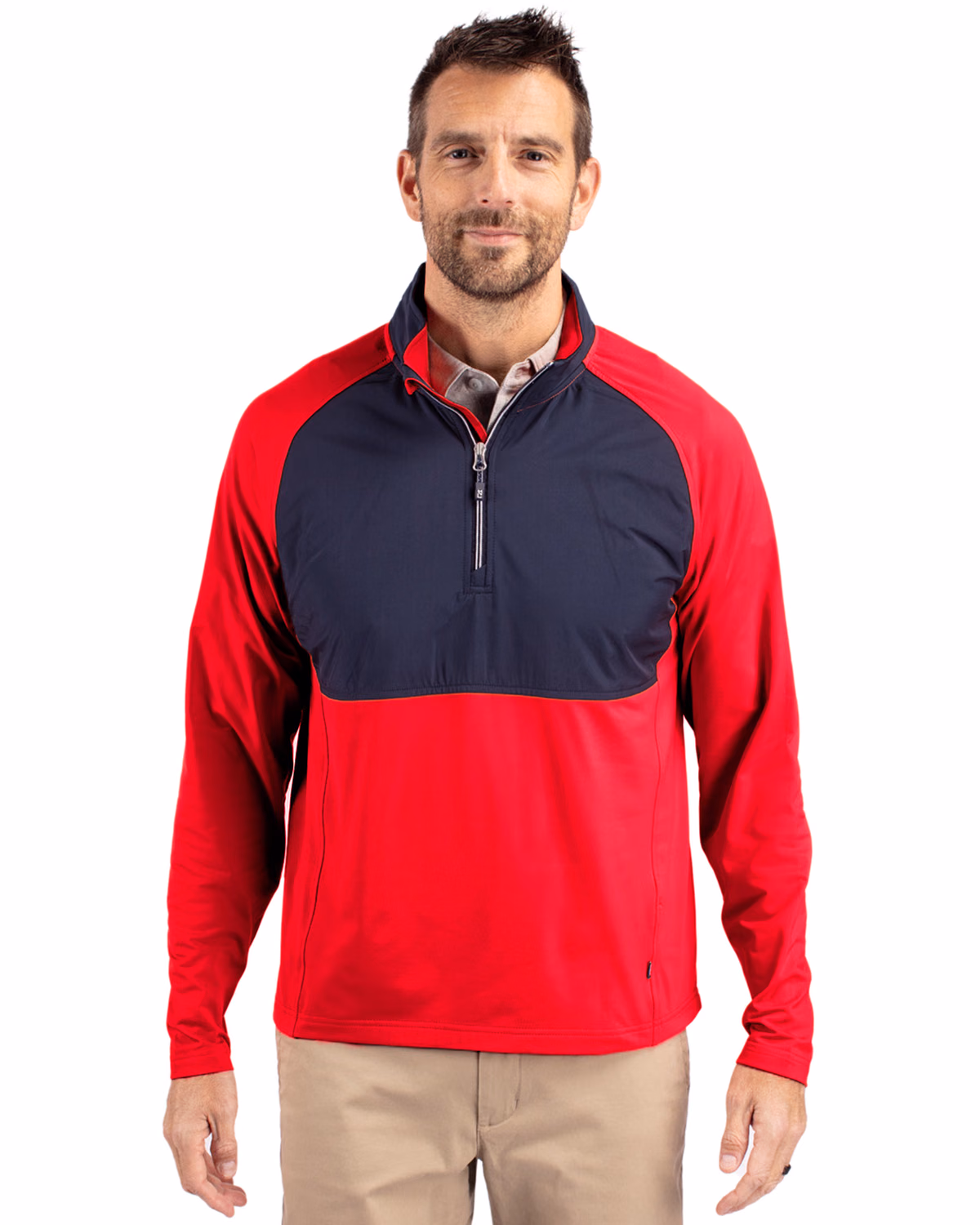 Custom Cutter & Buck Adapt Recycled Soft Knit Stretch Mens Hybrid Quarter Zip Pullover — Red/Navy Blue front