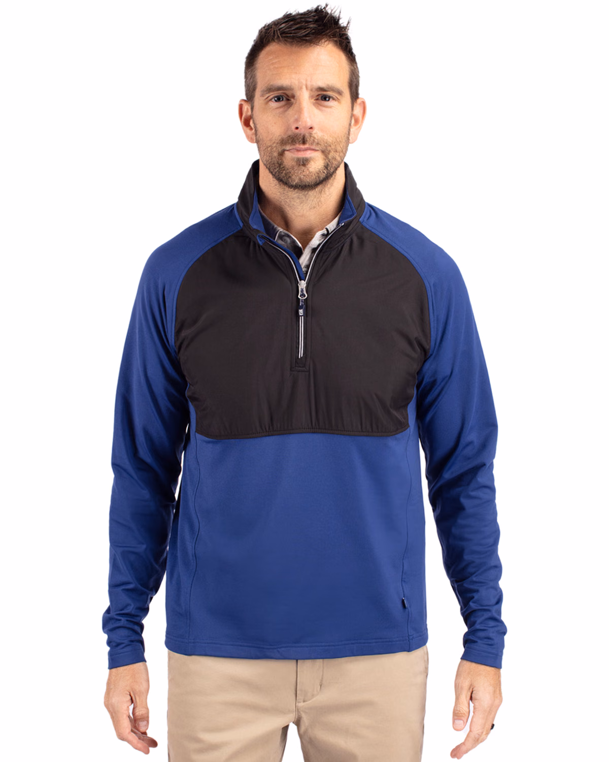Custom Cutter & Buck Adapt Recycled Soft Knit Stretch Mens Hybrid Quarter Zip Pullover — Tour Blue/Black front