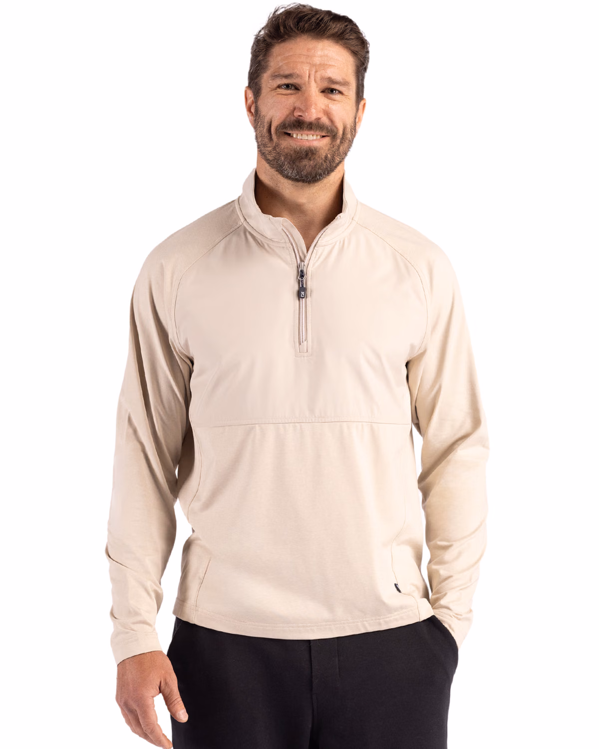 Custom Cutter & Buck Adapt Recycled Soft Knit Stretch Mens Hybrid Quarter Zip Pullover — Wheat Heather front