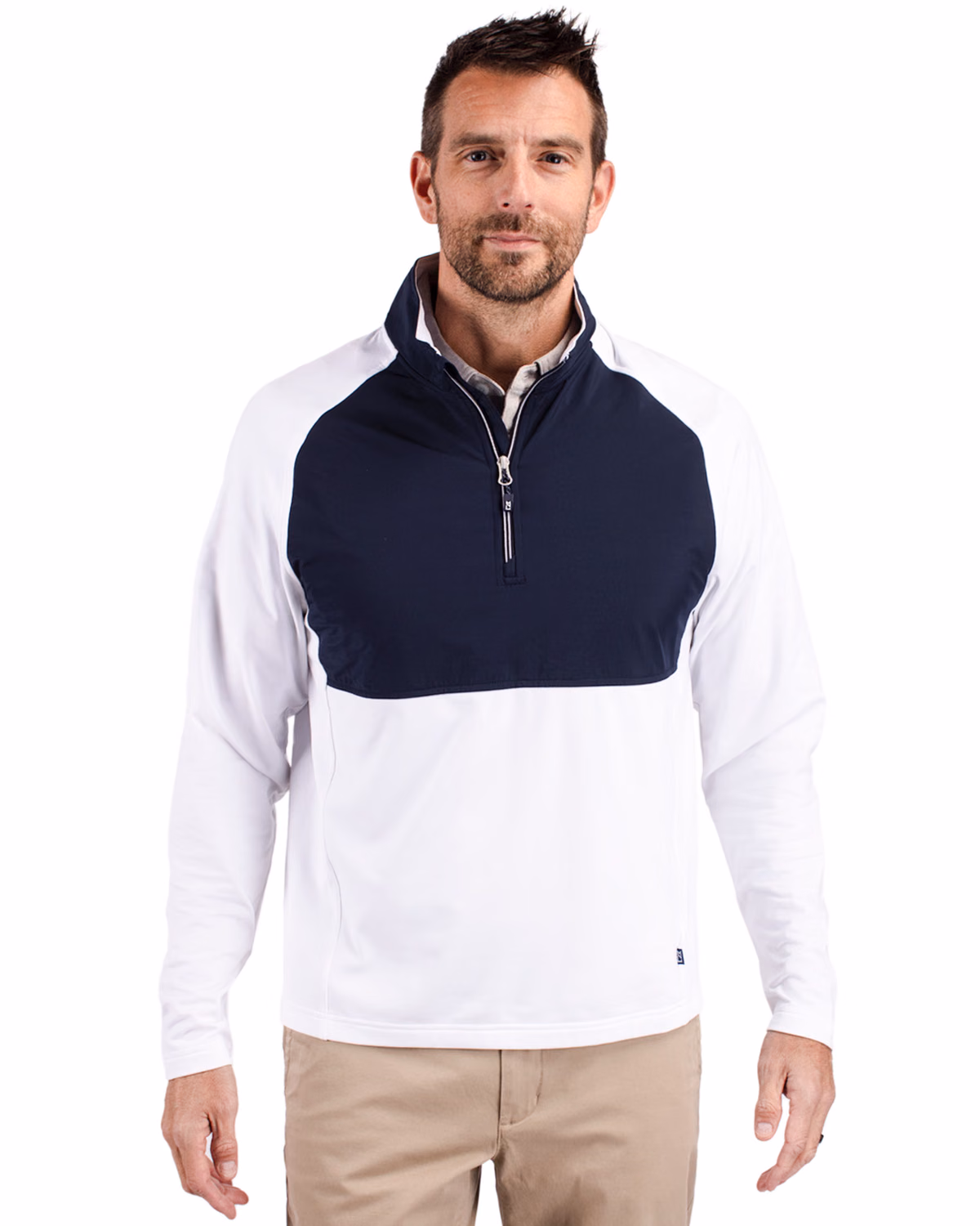 Custom Cutter & Buck Adapt Recycled Soft Knit Stretch Mens Hybrid Quarter Zip Pullover — White/Navy Blue front