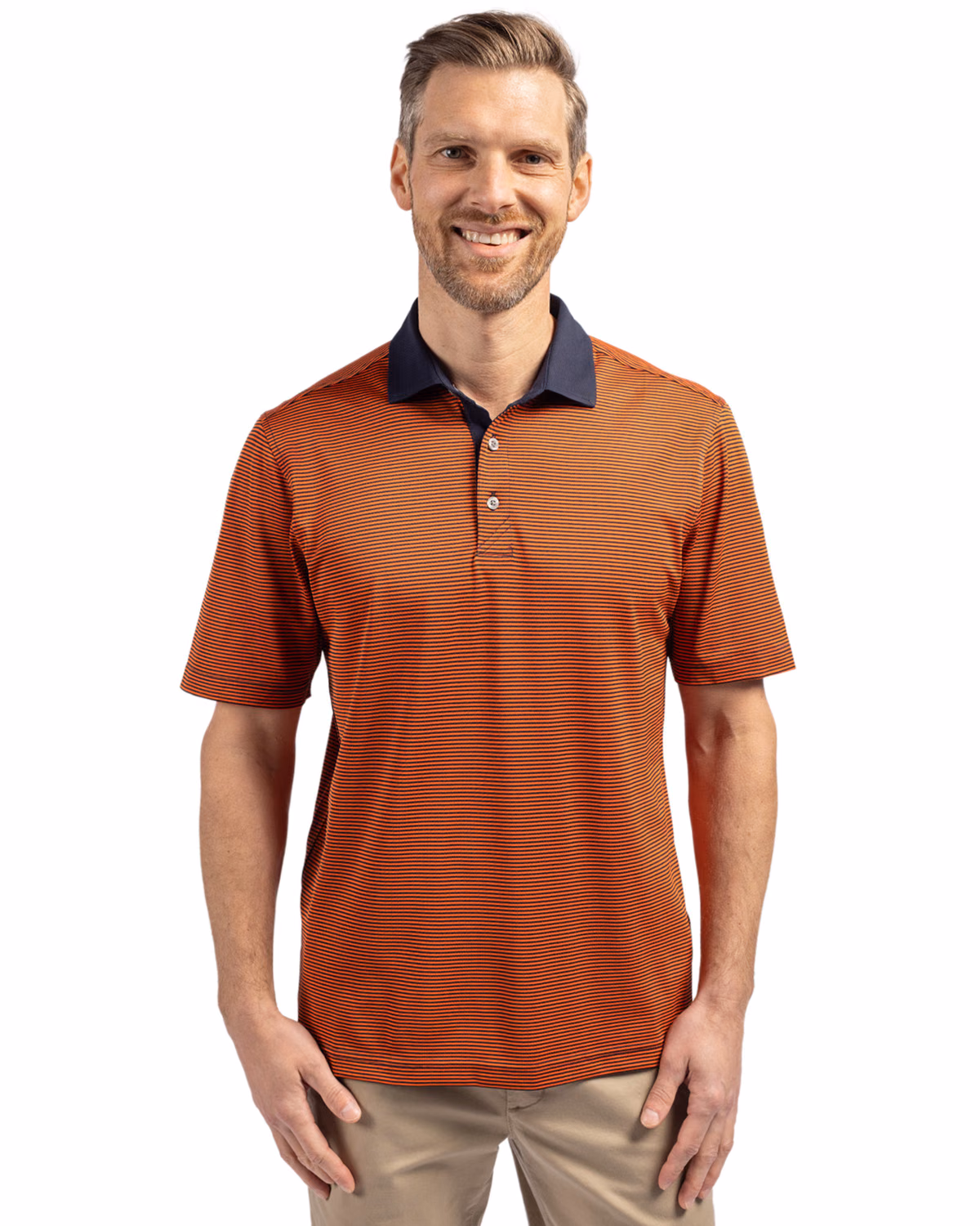 Custom Cutter & Buck Virtue Recycled Micro Stripe Featherlight Pique Mens Polo — College Orange/Navy Blue front