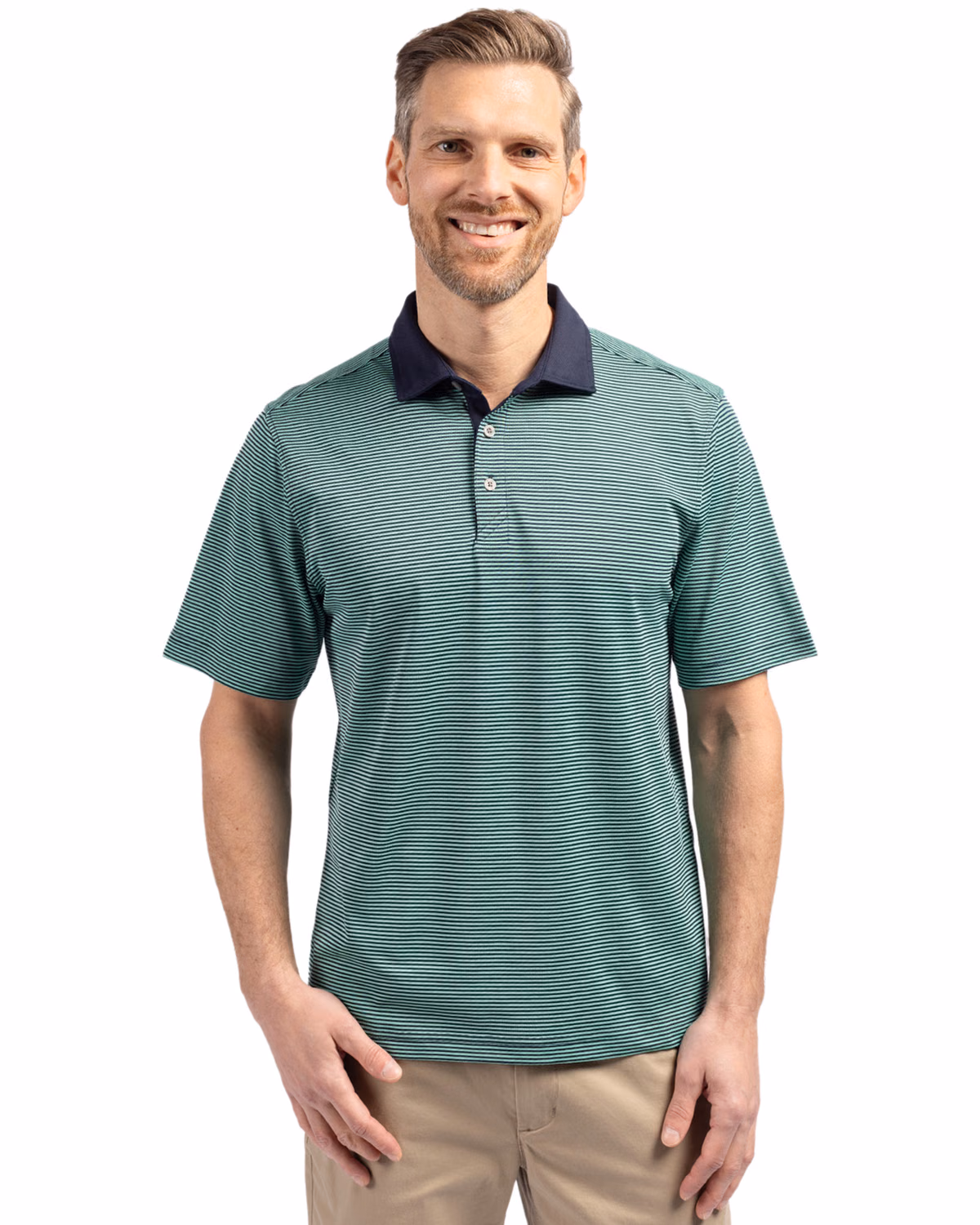 Custom Cutter & Buck Virtue Recycled Micro Stripe Featherlight Pique Mens Polo — Fresh Mint/Navy Blue front