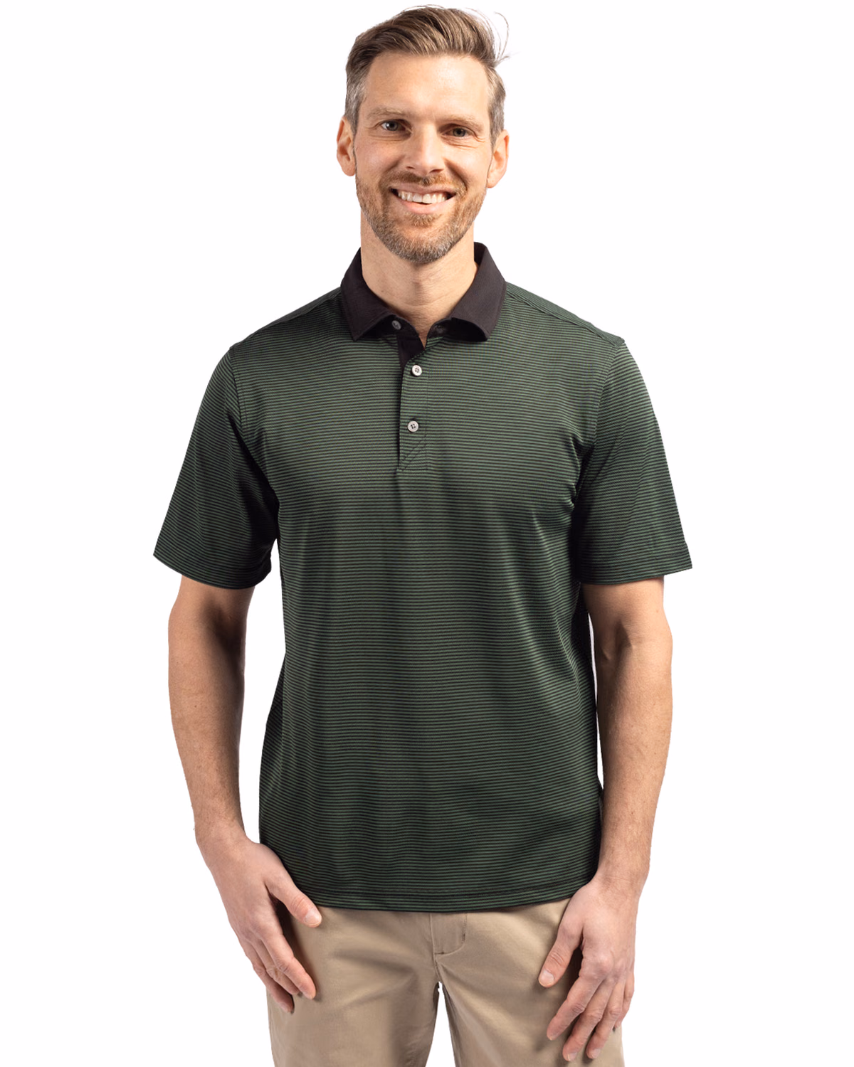 Custom Cutter & Buck Virtue Recycled Micro Stripe Featherlight Pique Mens Polo — Hunter/Black front