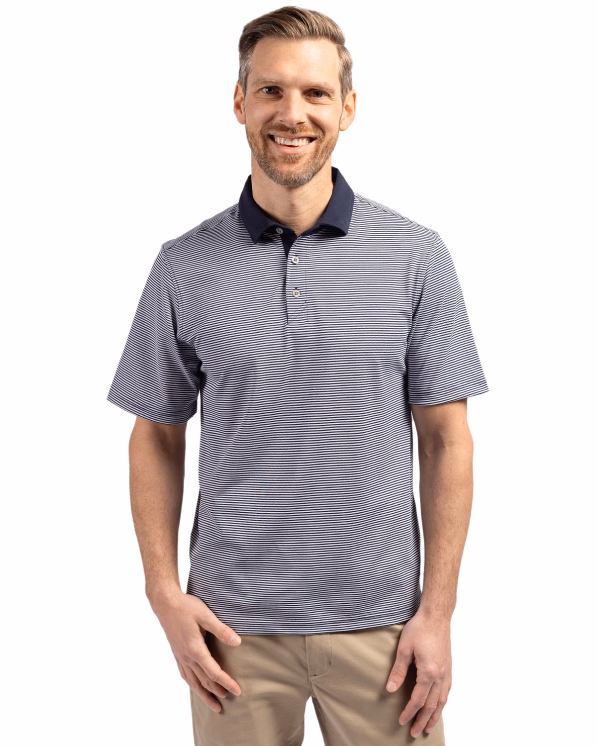 Custom Cutter & Buck Virtue Recycled Micro Stripe Featherlight Pique Mens Polo — Navy Blue/White front