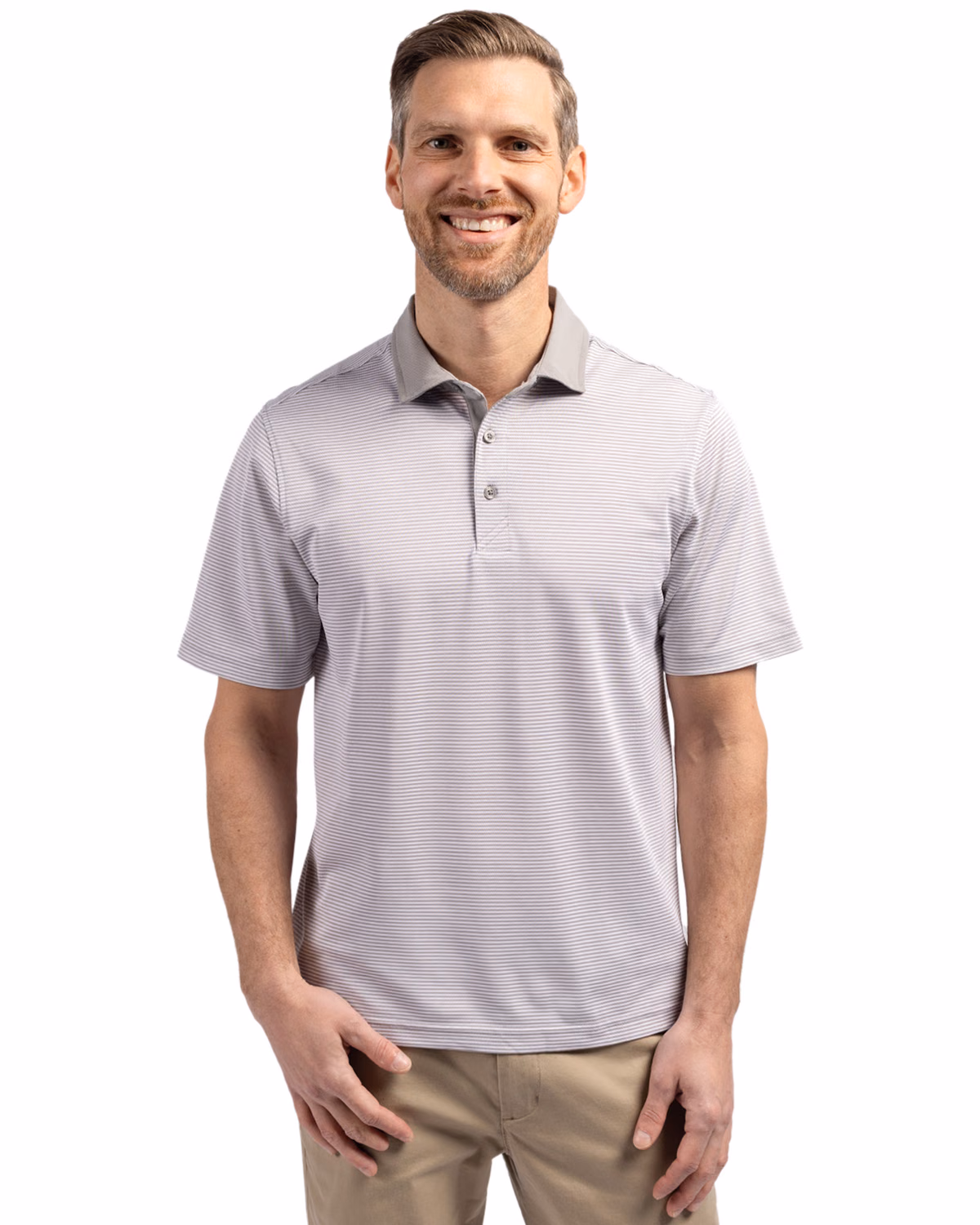 Custom Cutter & Buck Virtue Recycled Micro Stripe Featherlight Pique Mens Polo — Polished/White front