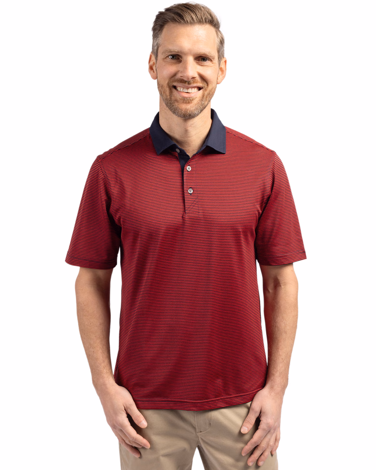 Custom Cutter & Buck Virtue Recycled Micro Stripe Featherlight Pique Mens Polo — Red/Navy Blue front