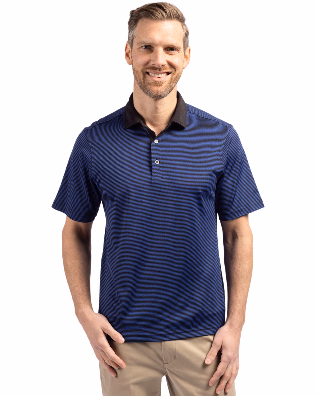 Custom Cutter & Buck Virtue Recycled Micro Stripe Featherlight Pique Mens Polo — Tour Blue/Black front