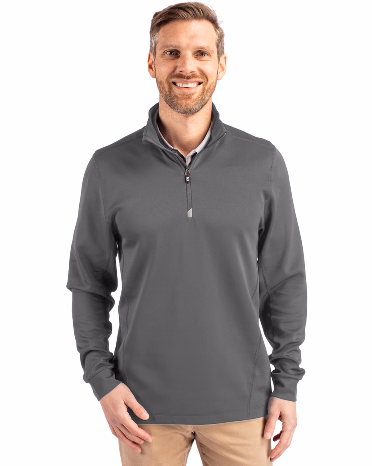 Custom Cutter & Buck Traverse Recycled Smooth Stretch Mens Quarter Zip Pullover — Elemental Grey front