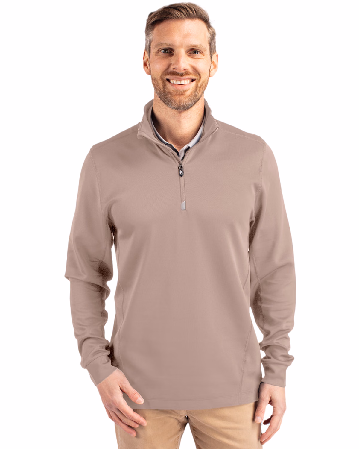 Custom Cutter & Buck Traverse Recycled Smooth Stretch Mens Quarter Zip Pullover — Mushroom front