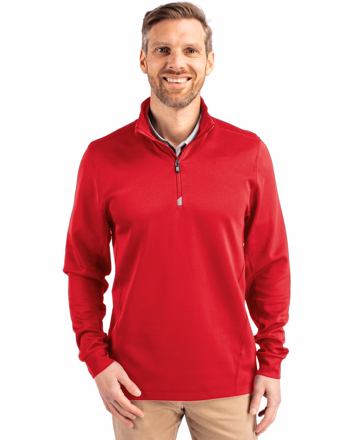 Custom Cutter & Buck Traverse Recycled Smooth Stretch Mens Quarter Zip Pullover — Red front