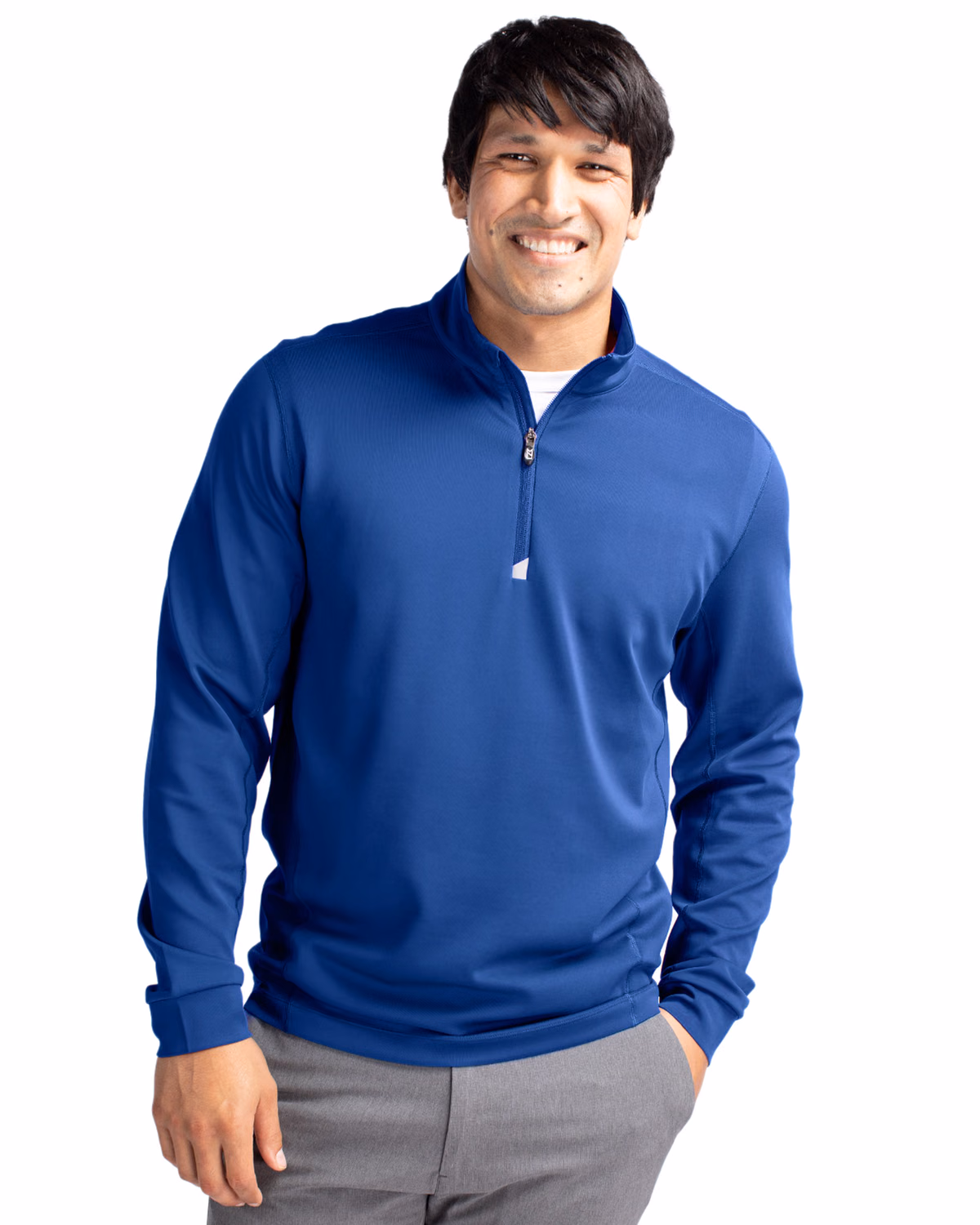 Custom Cutter & Buck Traverse Recycled Smooth Stretch Mens Quarter Zip Pullover — Tour Blue front