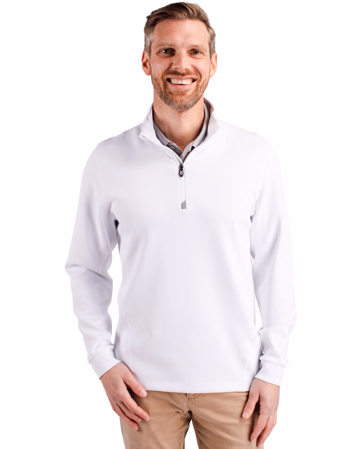 Custom Cutter & Buck Traverse Recycled Smooth Stretch Mens Quarter Zip Pullover — White front