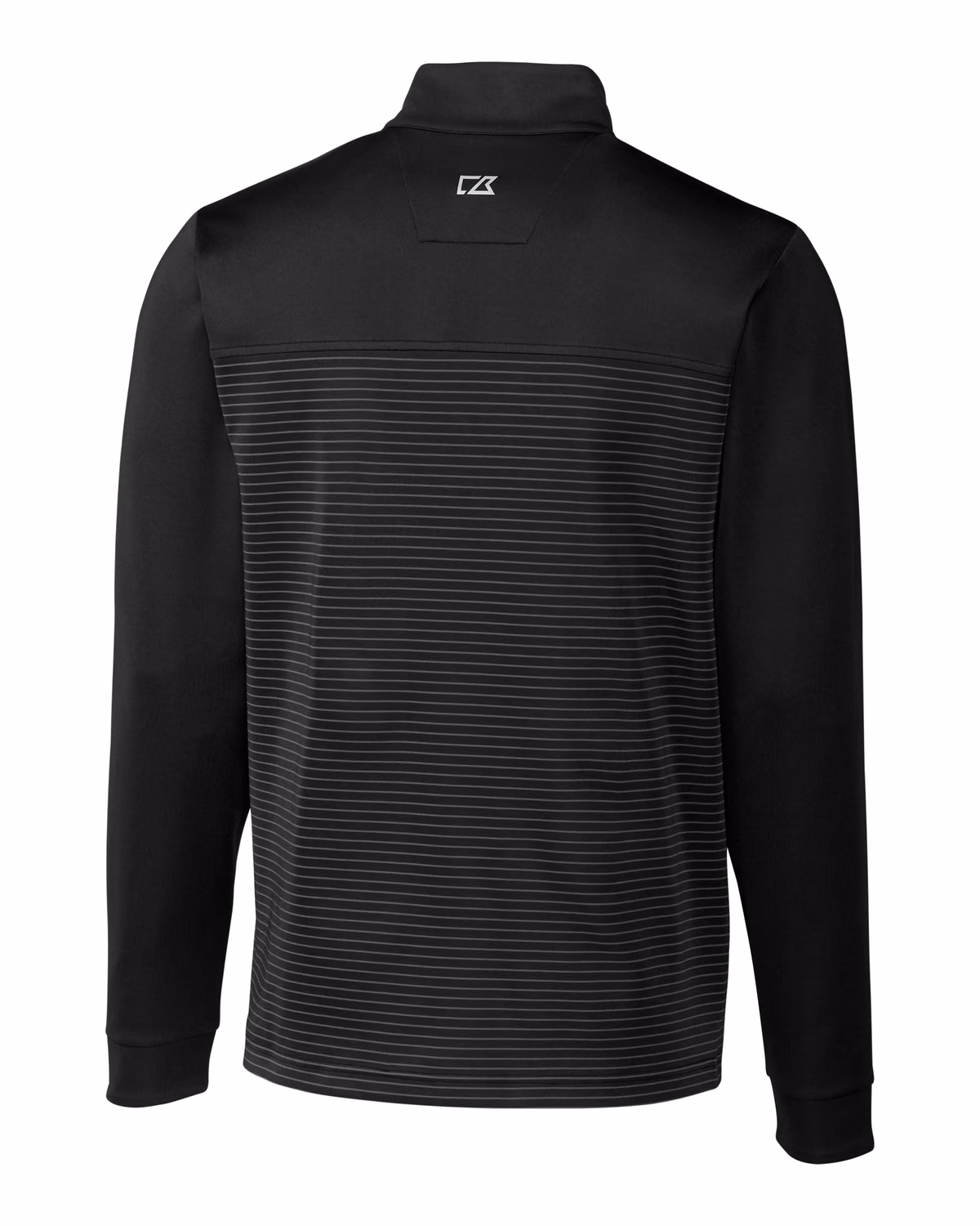 Custom Cutter & Buck Traverse Recycled Smooth Stretch Mens Stripe Quarter Zip Pullover — Black flat front
