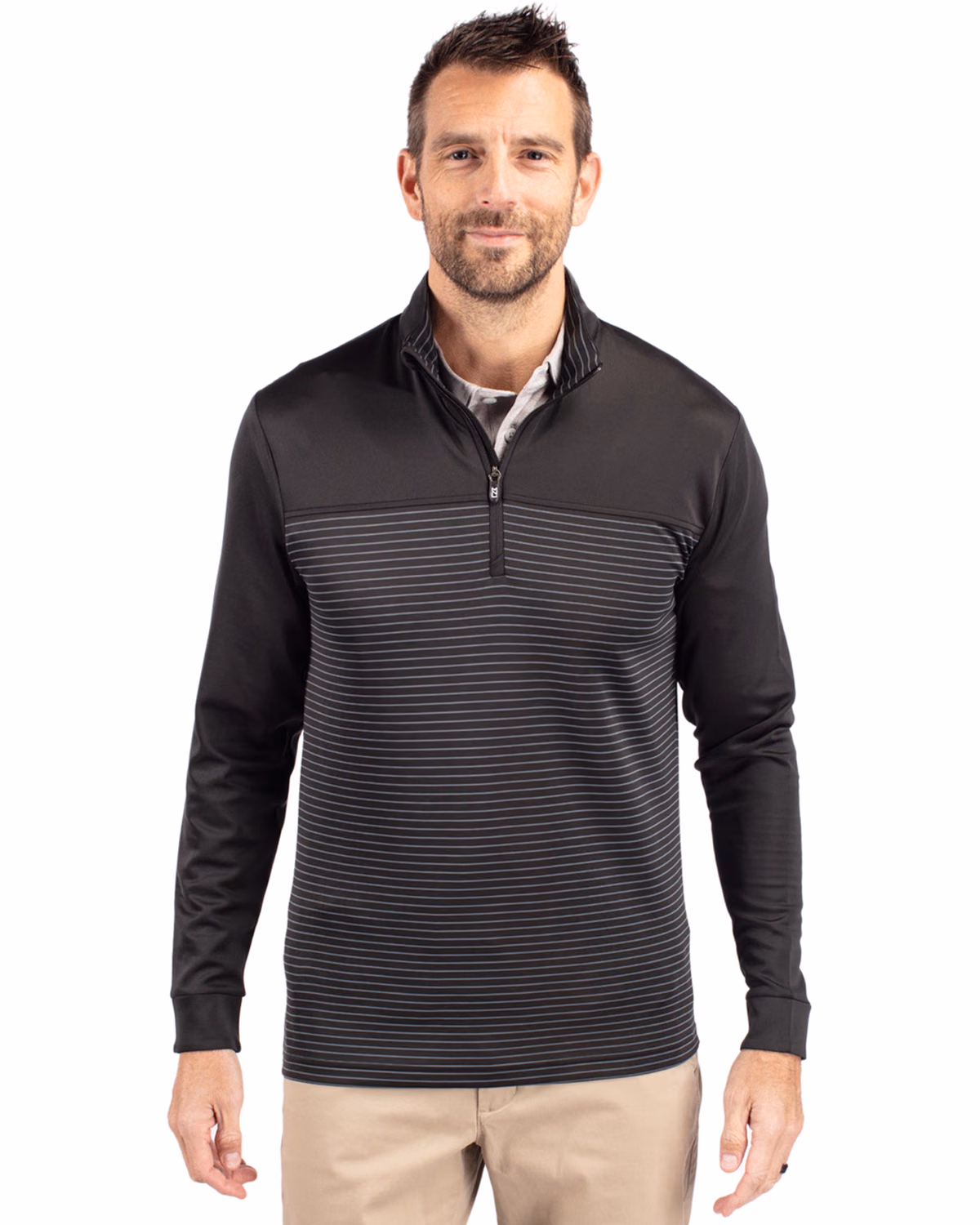 Custom Cutter & Buck Traverse Recycled Smooth Stretch Mens Stripe Quarter Zip Pullover