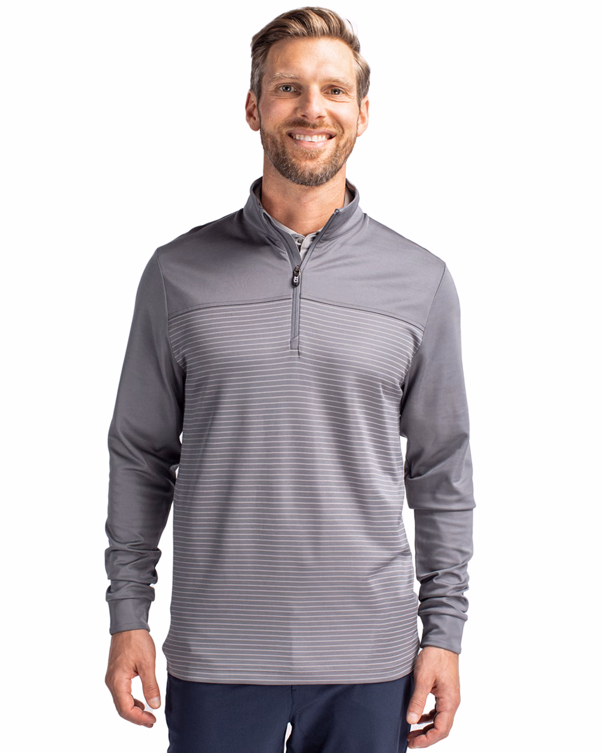 Custom Cutter & Buck Traverse Recycled Smooth Stretch Mens Stripe Quarter Zip Pullover — Elemental Grey front