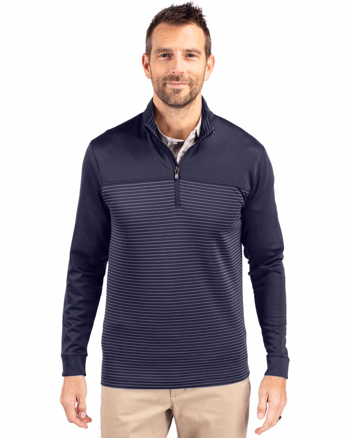 Custom Cutter & Buck Traverse Recycled Smooth Stretch Mens Stripe Quarter Zip Pullover — Liberty Navy front