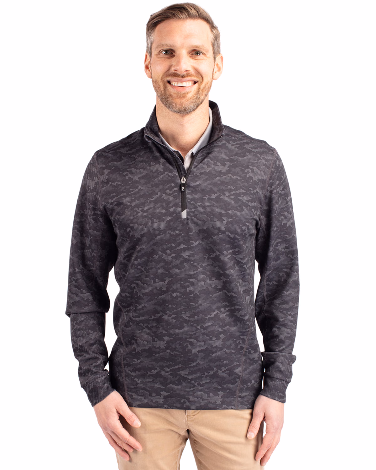 Custom Cutter & Buck Traverse Recycled Smooth Stretch Mens Camo Quarter Zip Pullover