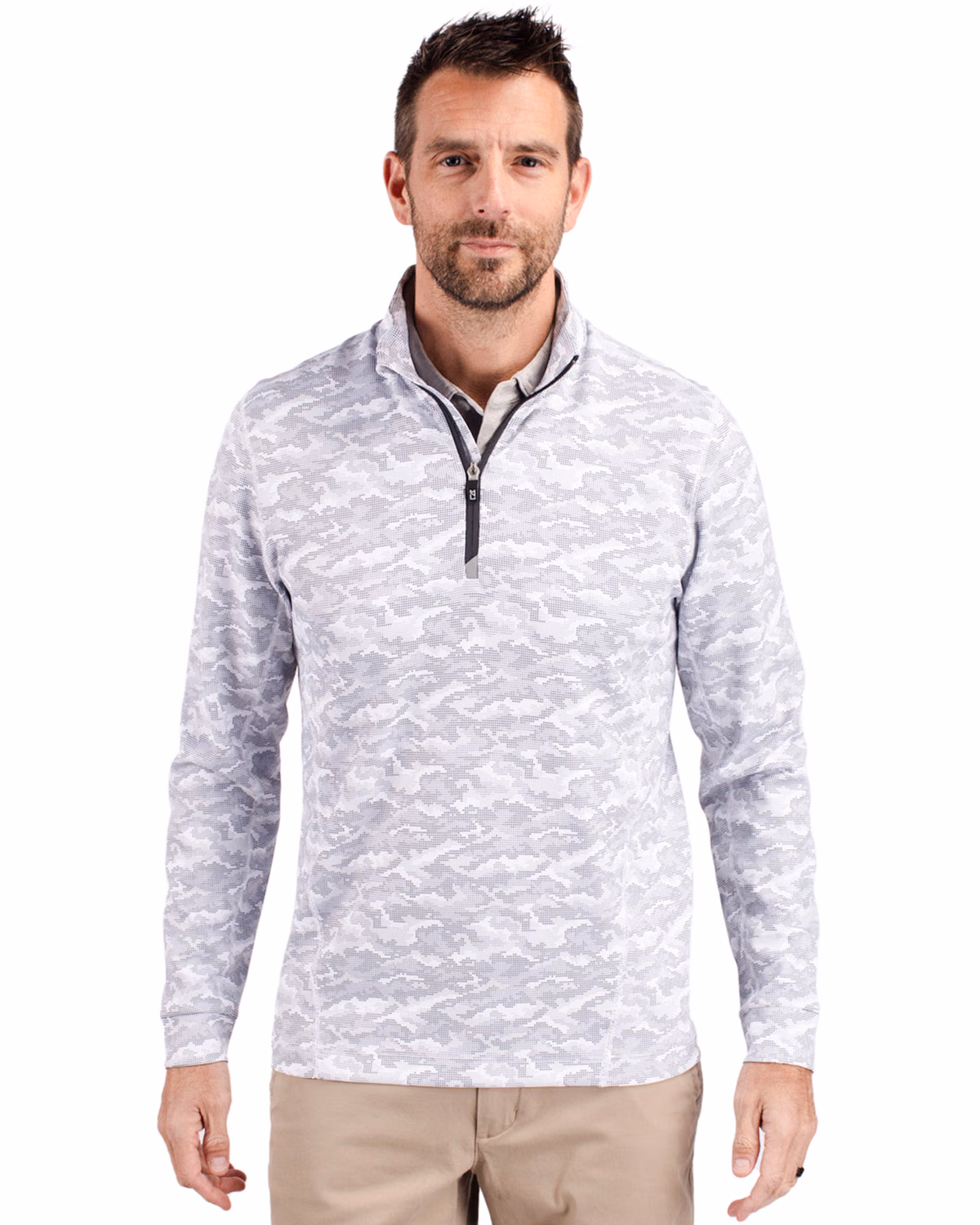 Custom Cutter & Buck Traverse Recycled Smooth Stretch Mens Camo Quarter Zip Pullover — Charcoal front