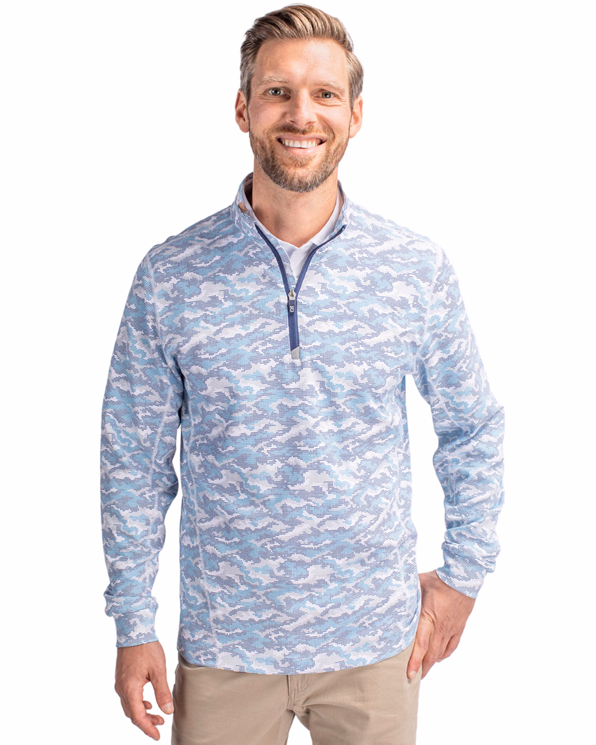 Custom Cutter & Buck Traverse Recycled Smooth Stretch Mens Camo Quarter Zip Pullover — Indigo front