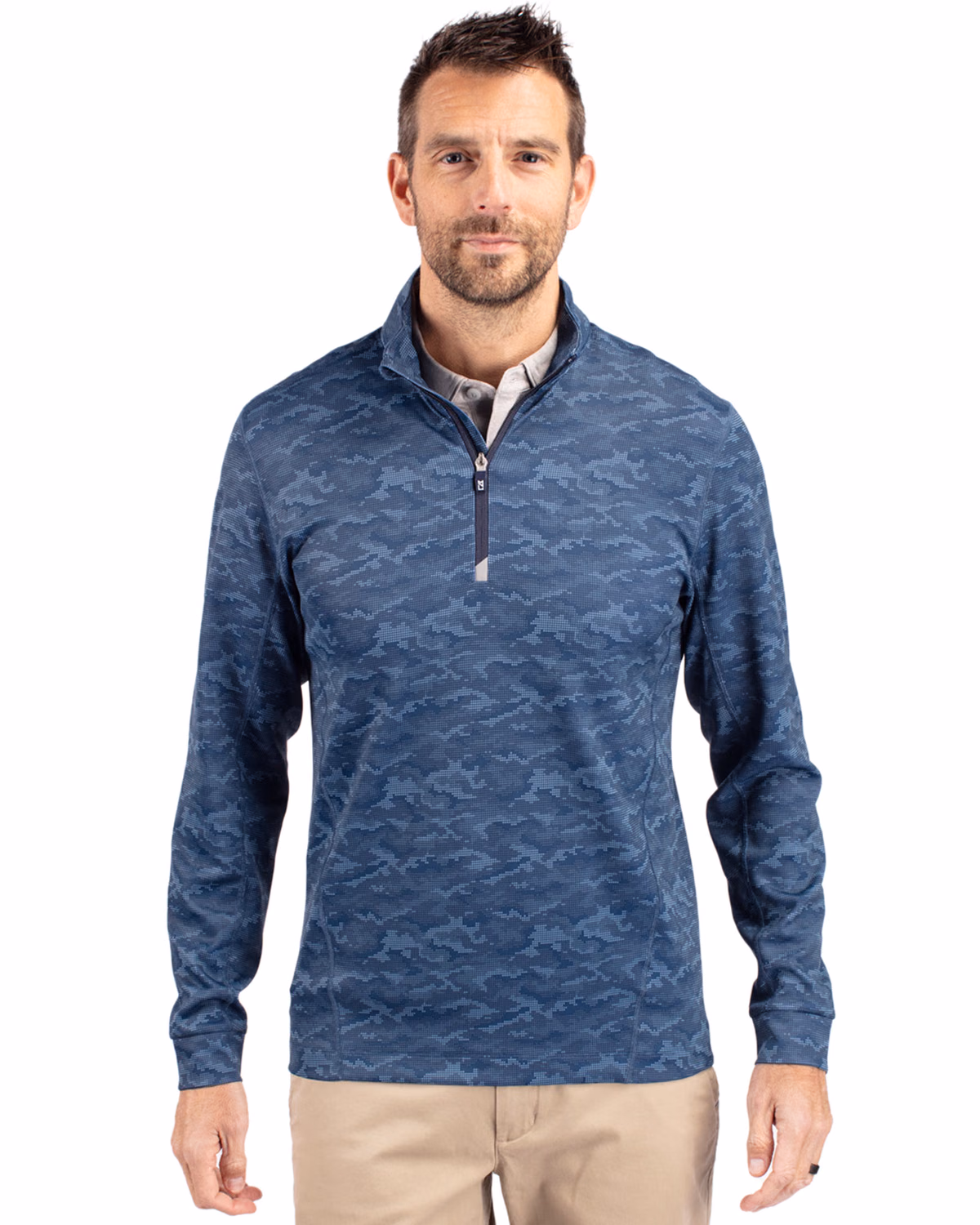 Custom Cutter & Buck Traverse Recycled Smooth Stretch Mens Camo Quarter Zip Pullover — Navy Blue front