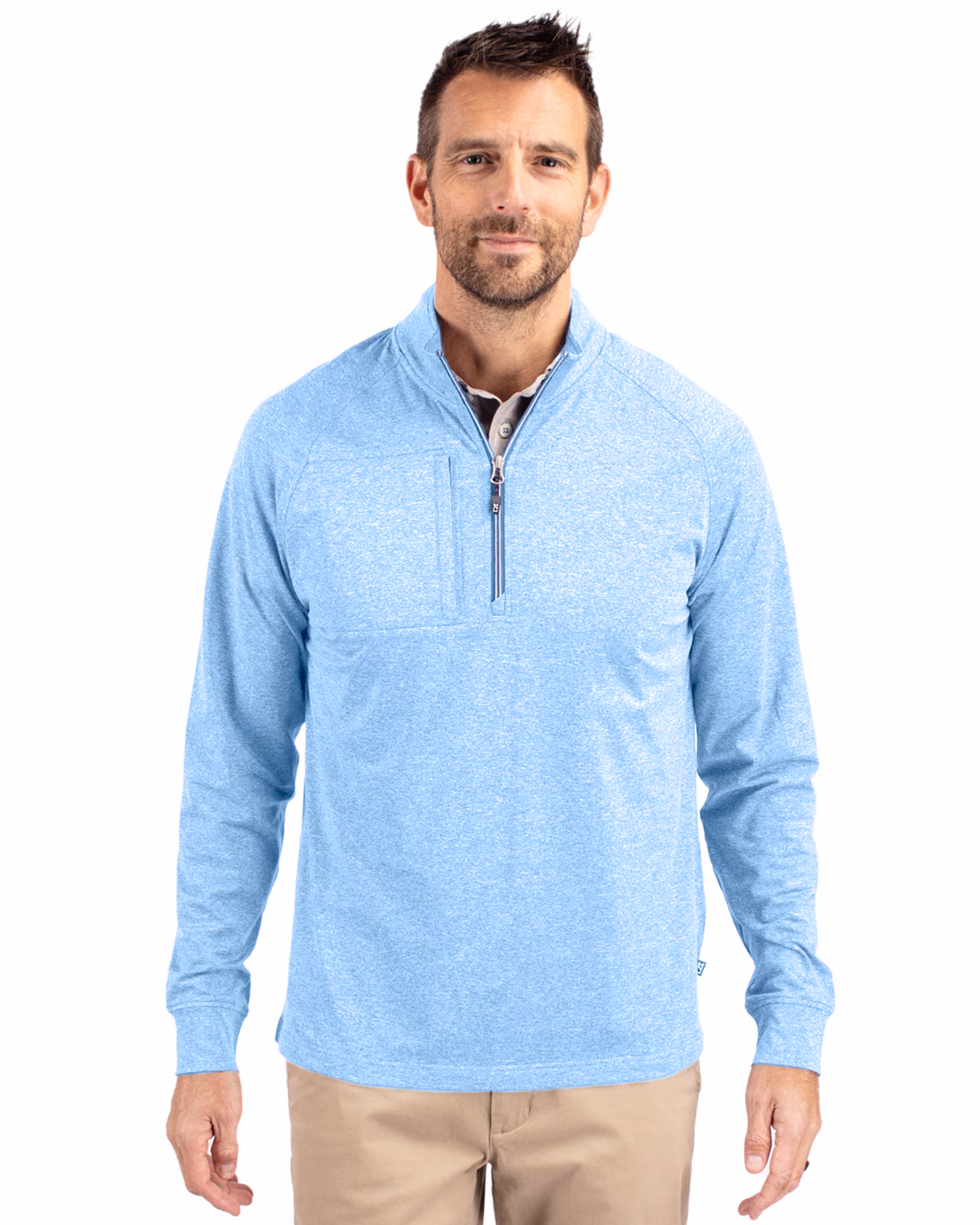 Custom Cutter & Buck Adapt Recycled Soft Knit Stretch Mens Heathered Quarter Zip Pullover