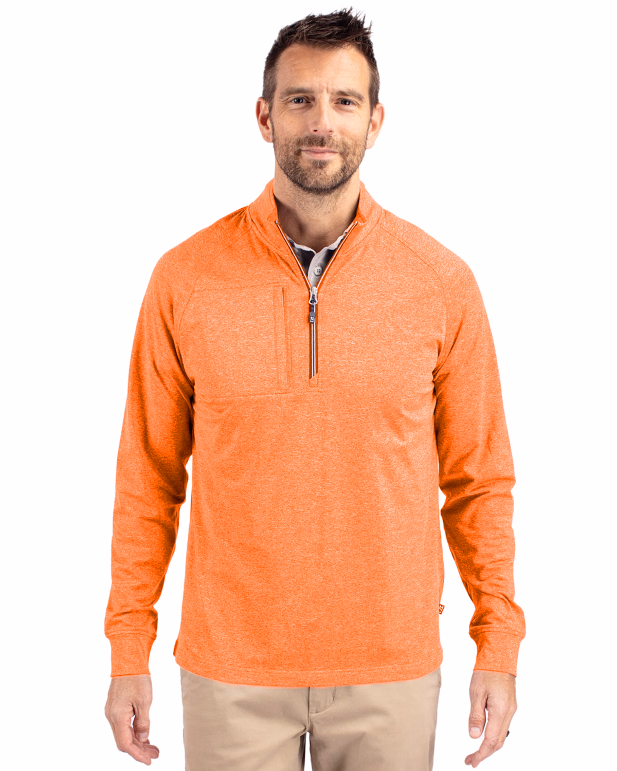 Custom Cutter & Buck Adapt Recycled Soft Knit Stretch Mens Heathered Quarter Zip Pullover — College Orange Heather front