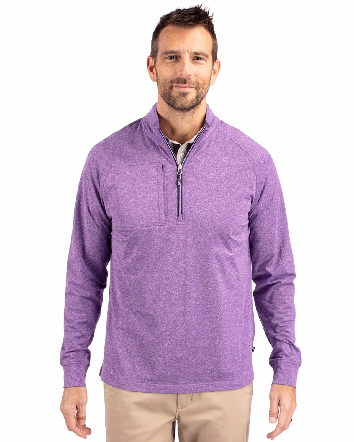 Custom Cutter & Buck Adapt Recycled Soft Knit Stretch Mens Heathered Quarter Zip Pullover — College Purple Heather front