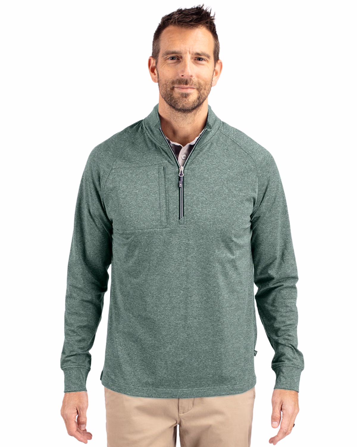 Custom Cutter & Buck Adapt Recycled Soft Knit Stretch Mens Heathered Quarter Zip Pullover — Hunter Heather front