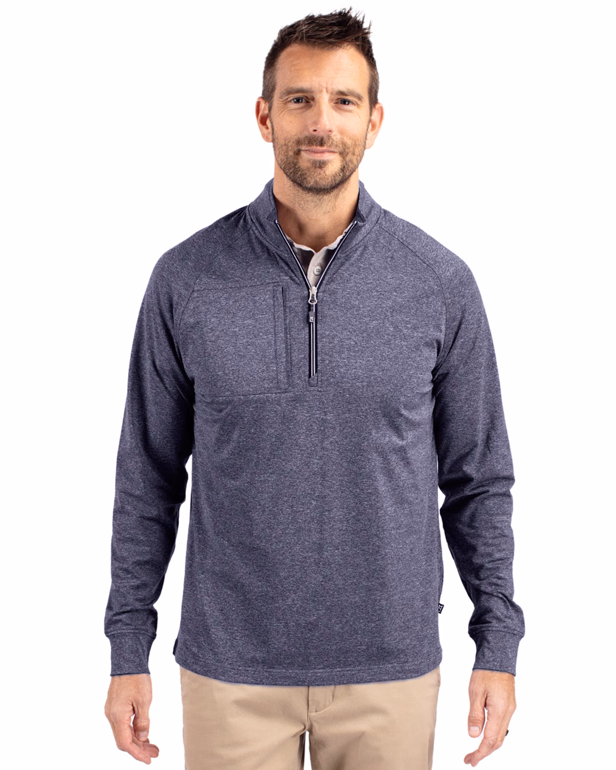 Custom Cutter & Buck Adapt Recycled Soft Knit Stretch Mens Heathered Quarter Zip Pullover — Navy Blue Heather front