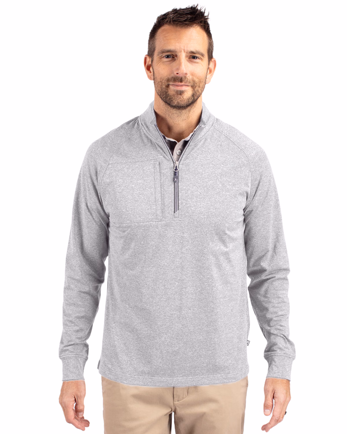 Custom Cutter & Buck Adapt Recycled Soft Knit Stretch Mens Heathered Quarter Zip Pullover — Polished Heather front