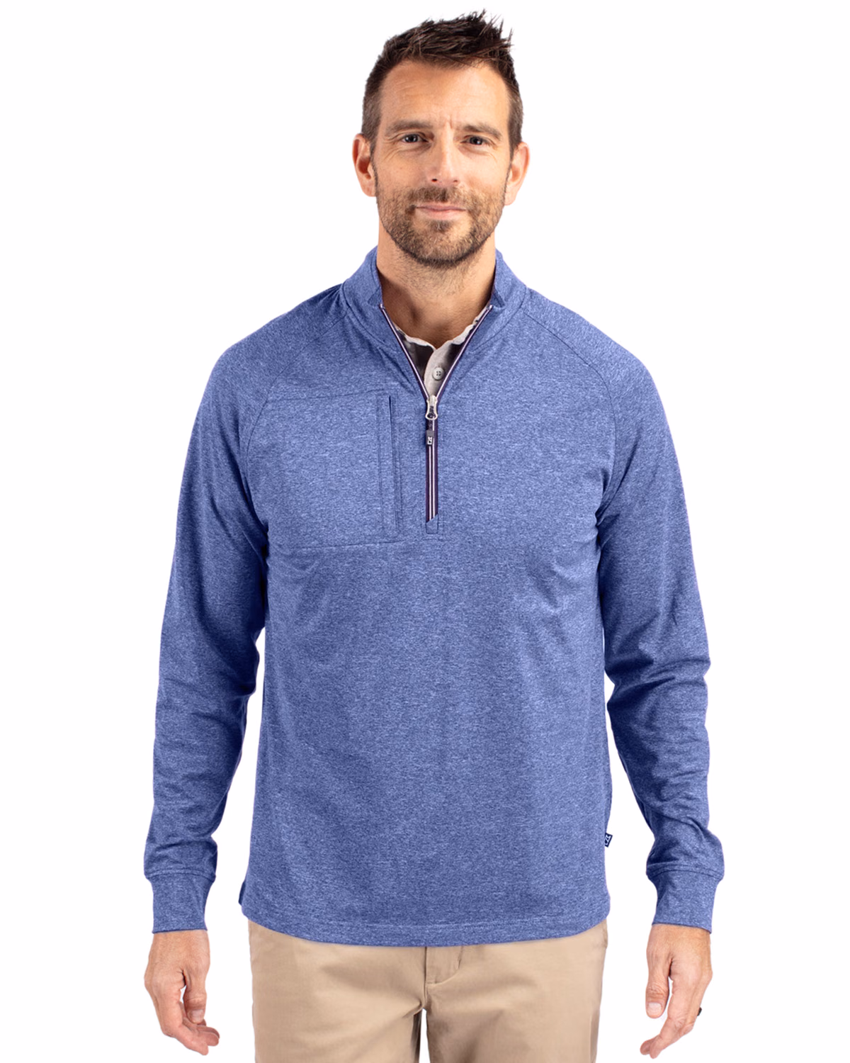Custom Cutter & Buck Adapt Recycled Soft Knit Stretch Mens Heathered Quarter Zip Pullover — Tour Blue Heather front