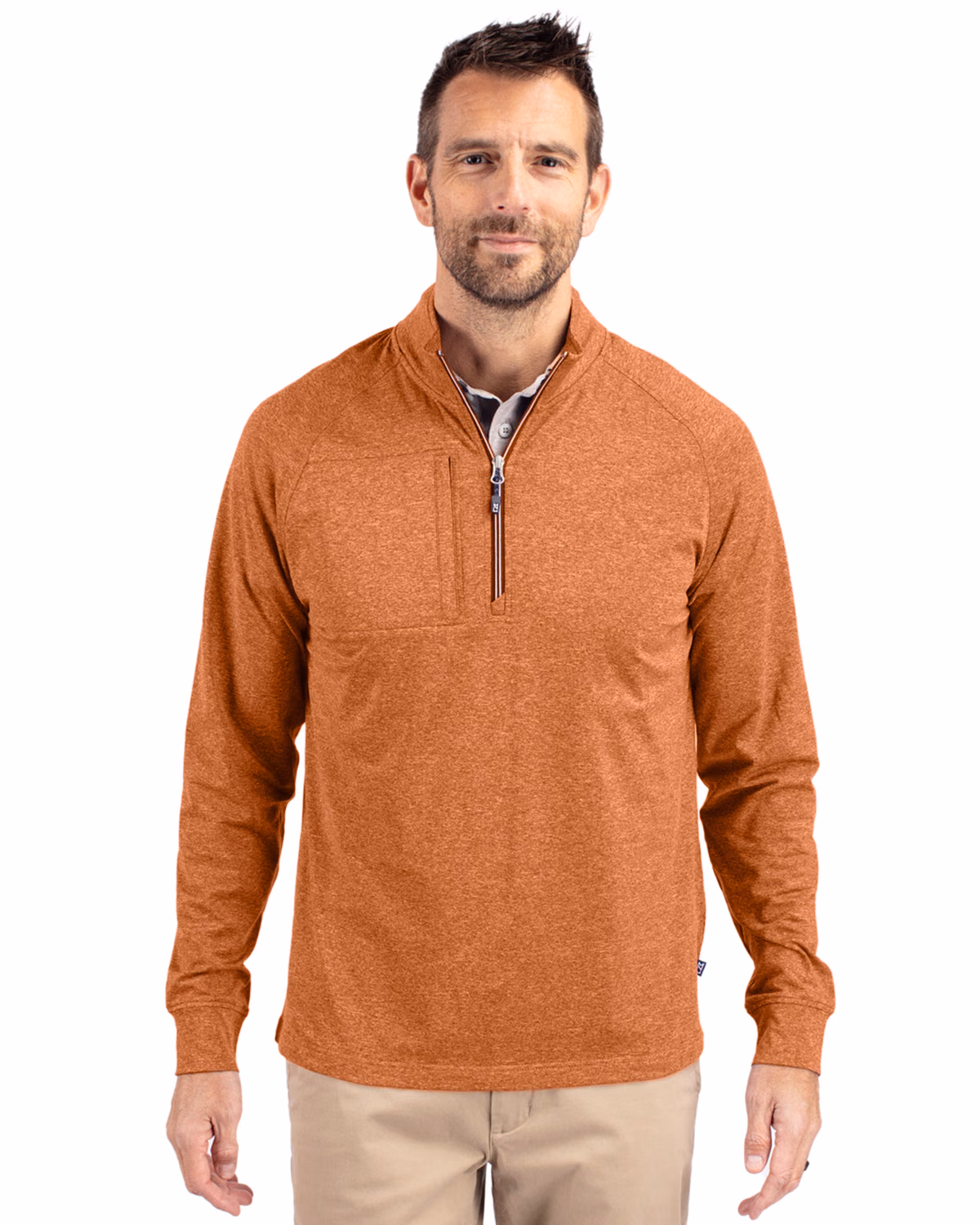 Custom Cutter & Buck Adapt Recycled Soft Knit Stretch Mens Heathered Quarter Zip Pullover — Texas Orange Heather front