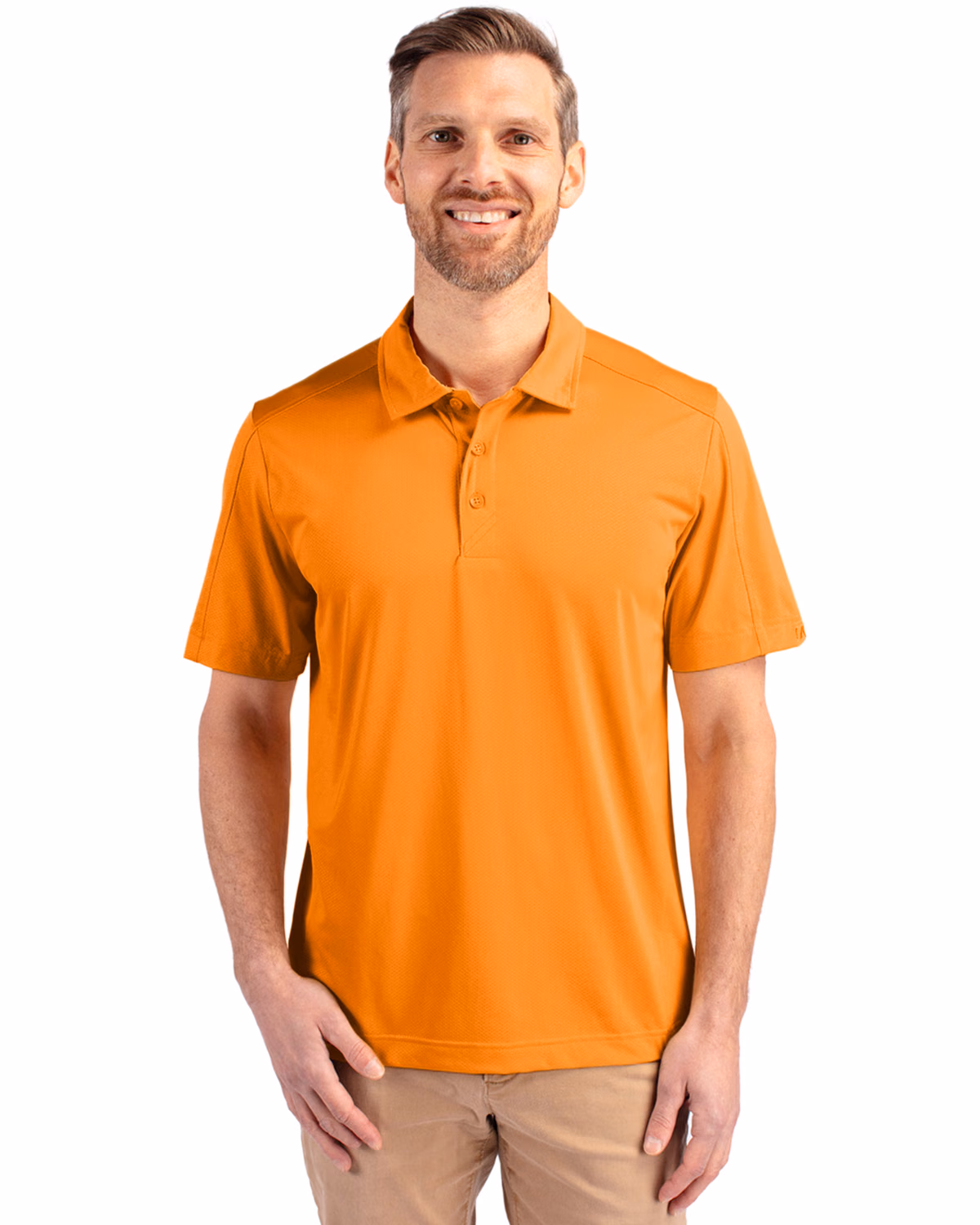 Custom Cutter & Buck Prospect Recycled Featherlight Stretch Mens Polo — Orange Burst front