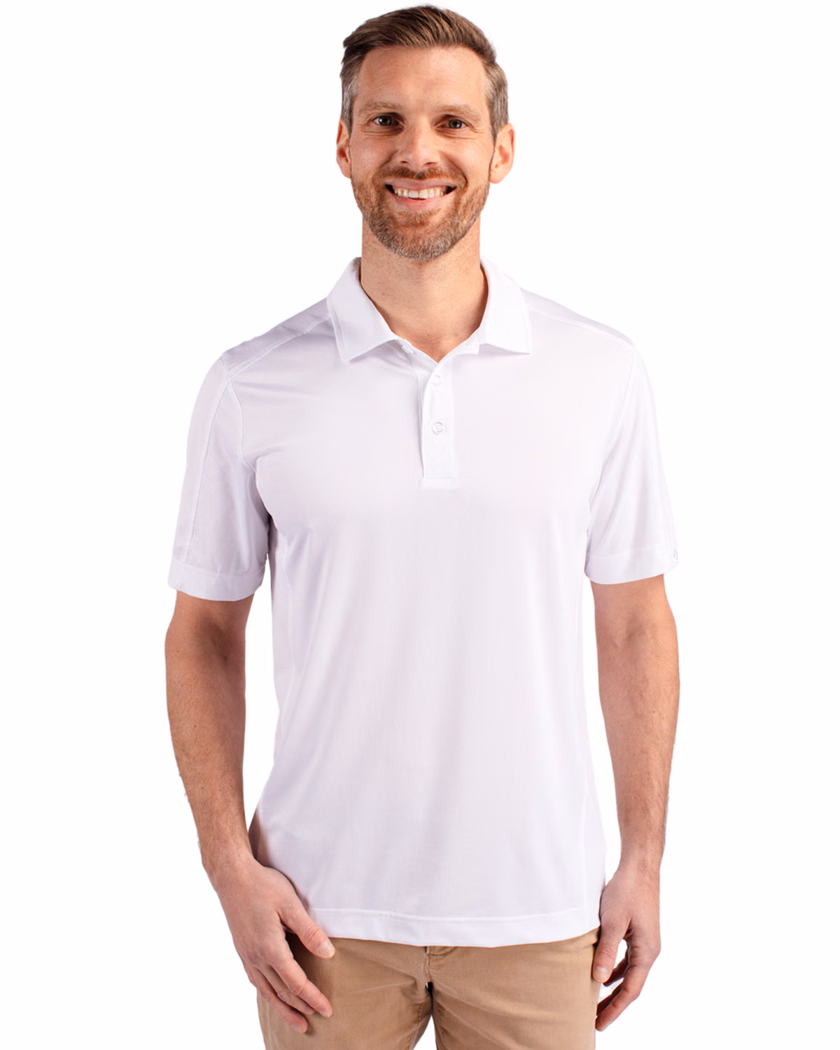 Custom Cutter & Buck Prospect Recycled Featherlight Stretch Mens Polo — White front