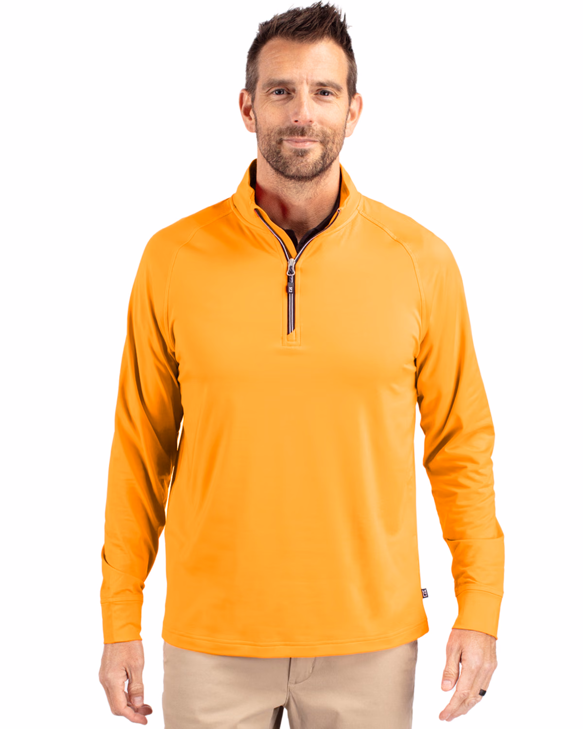 Custom Cutter & Buck Adapt Recycled Soft Knit Stretch Mens Quarter Zip Pullover — Orange Burst front