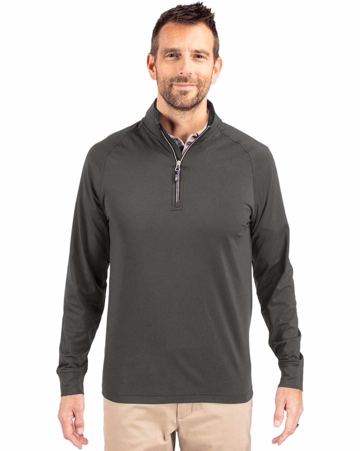 Custom Cutter & Buck Adapt Recycled Soft Knit Stretch Mens Quarter Zip Pullover — Poplar front