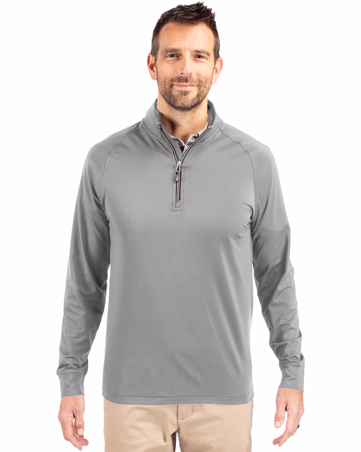 Custom Cutter & Buck Adapt Recycled Soft Knit Stretch Mens Quarter Zip Pullover — Polished front