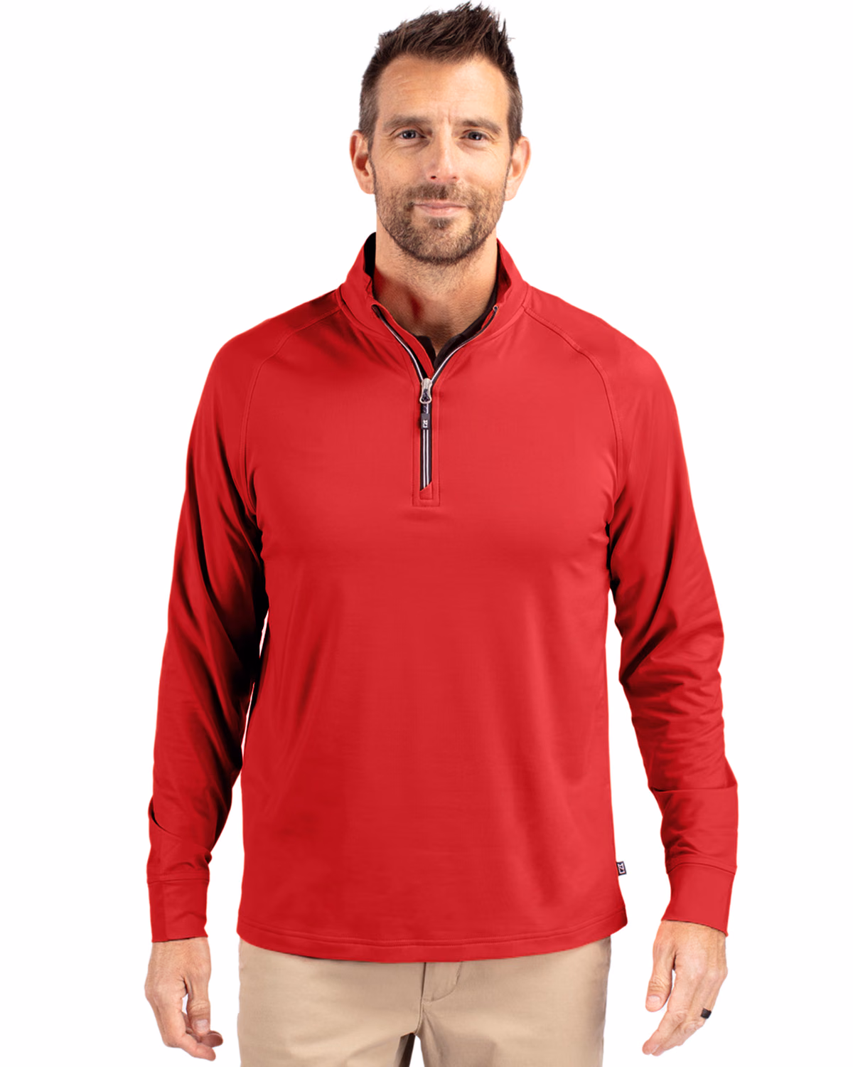 Custom Cutter & Buck Adapt Recycled Soft Knit Stretch Mens Quarter Zip Pullover — Red front
